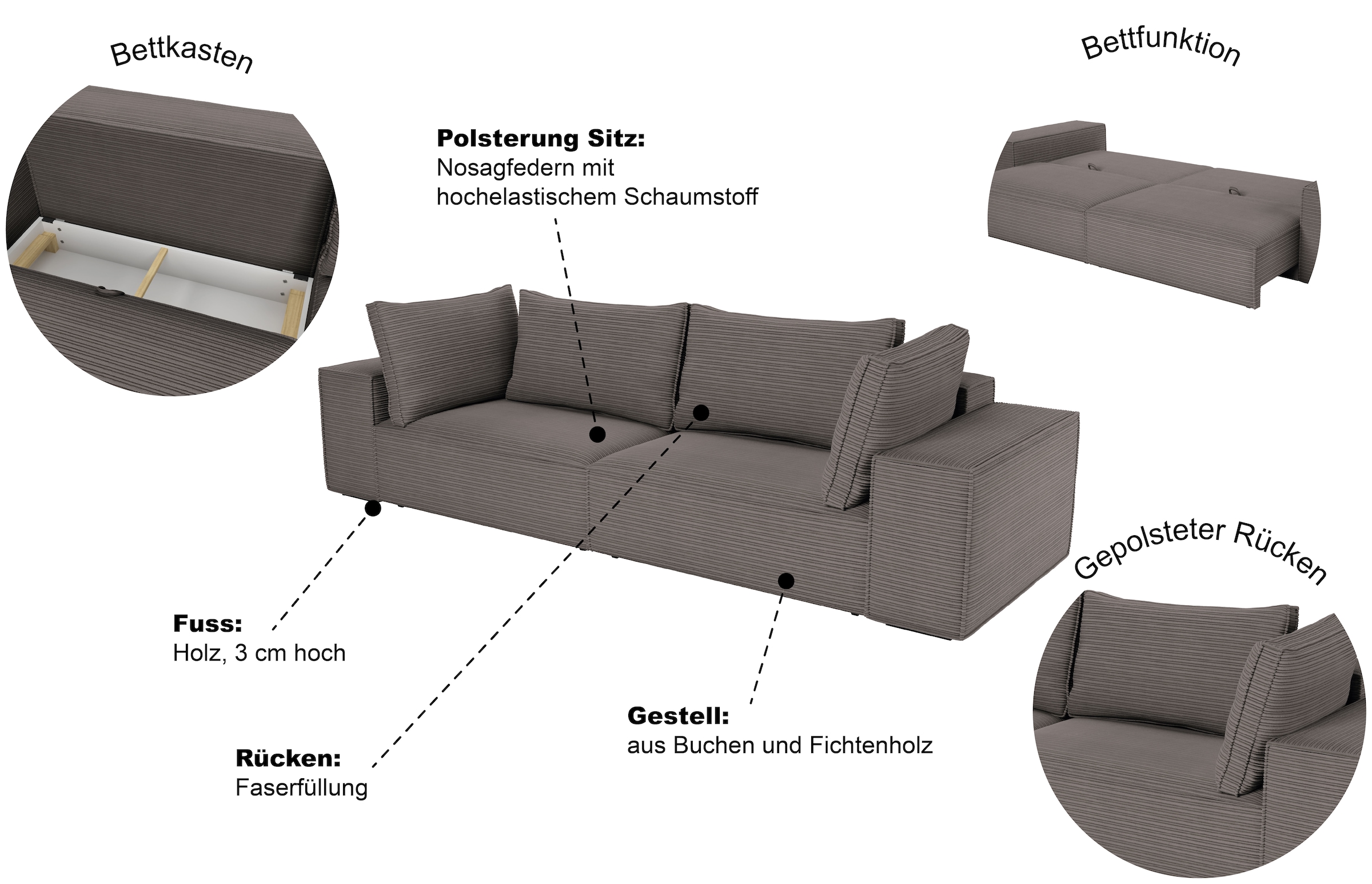 Trends by HG Big-Sofa »Conor XXL, B: 312cm, Liegefläche: 138x 238cm, in Cord und Velours« mit Schlaffunktion und Bettkasten