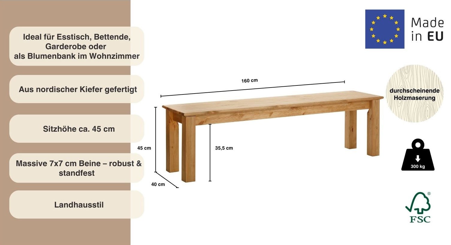 Home affaire Sitzbank »Konrad« Breite 120 cm, aus massiver, FSC®-zertifizierter Kiefer