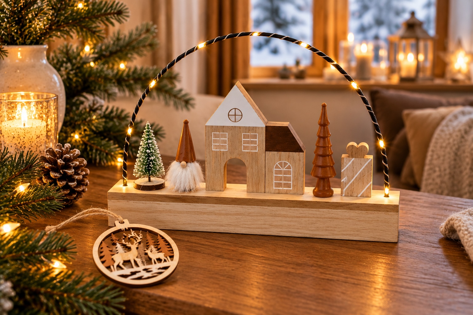 OTTO home LED Dekoobjekt »Holzdekoration, 1 Stück, Timerfunktion, Miniatur-Winterkulisse« 1 Stk. Warmweiß Gratis-Hänger, 6h-Timer, 20 cm Hoch
