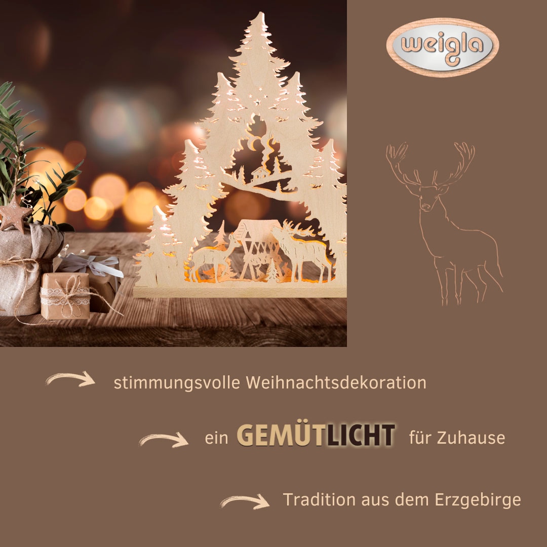 Weigla LED Lichterbogen »Hirschfamilie, Schwibbogen aus Holz, NATUR, Made in Germany« 1 Stk. Erzgebirge garantiert, Weihnachtsdeko Innen, Weihnachtsbeleuchtung