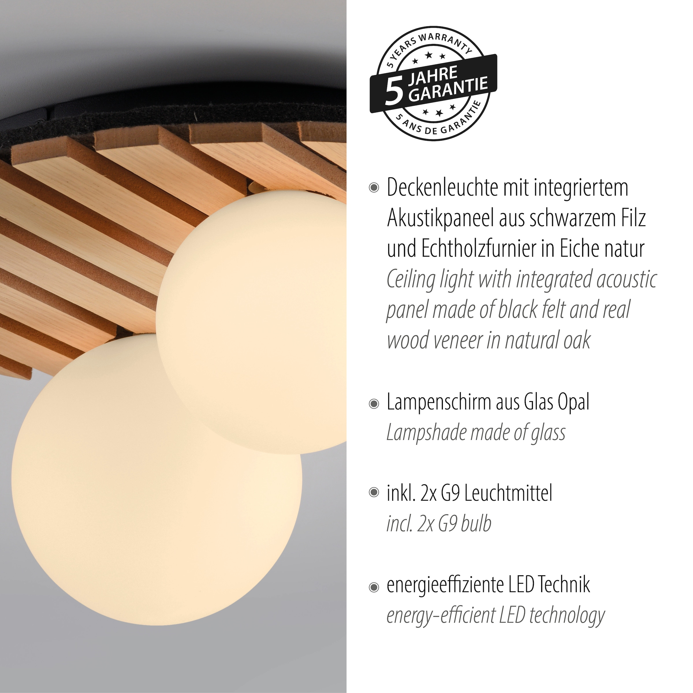 Leonique Deckenleuchte »Erinette Akustikpaneele mit Glaskugel«, 2 flammig, Leuchtmittel G9 | Leuchtmittel wechselbar-ohne Leuchtmittel, Holz, Akustik, Paneele, Glas, opal matt weiß, Deckenlampe