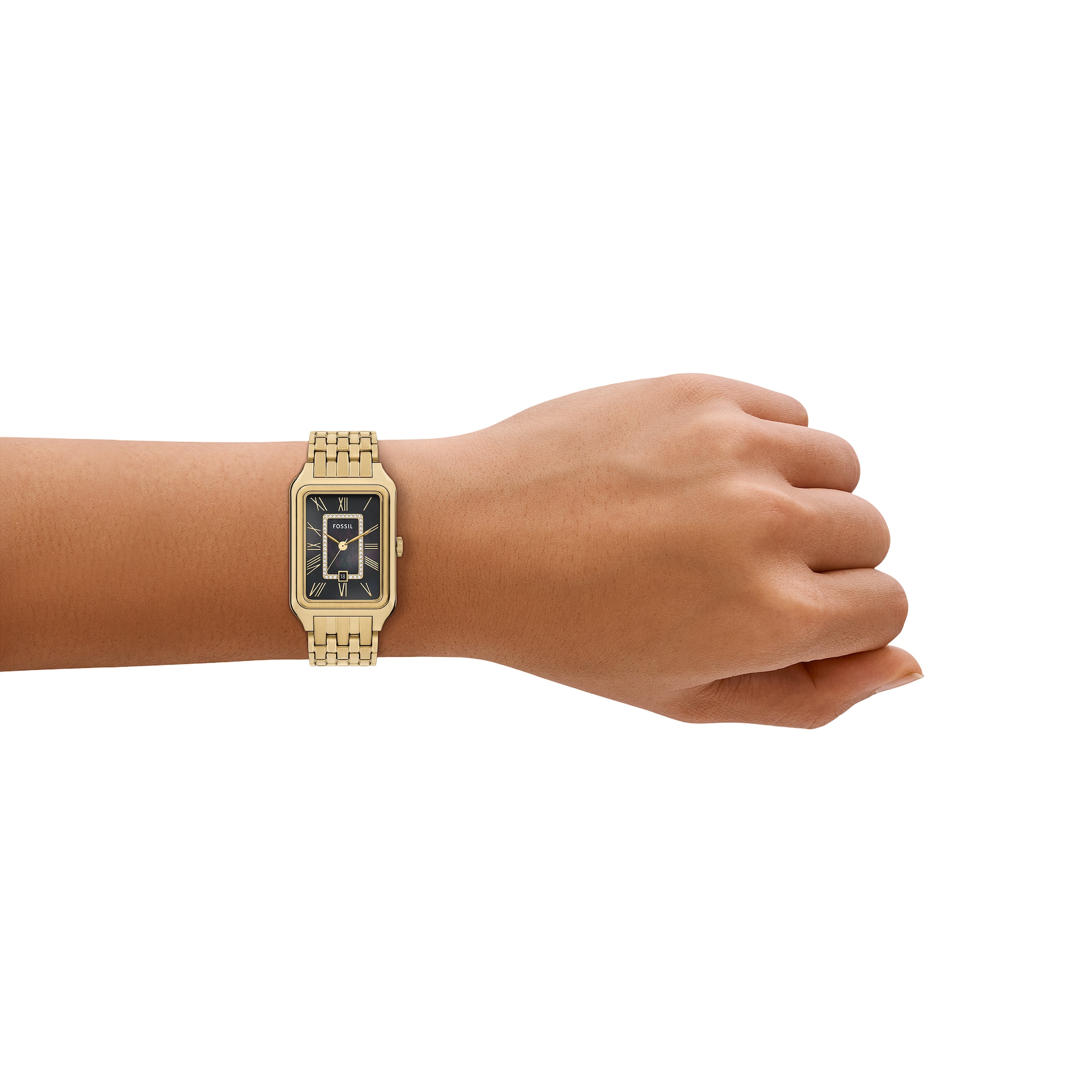 Fossil Quarzuhr »RAQUEL«, Armbanduhr, Damenuhr, Edelstahlarmband, analog, Tag, Glassteine
