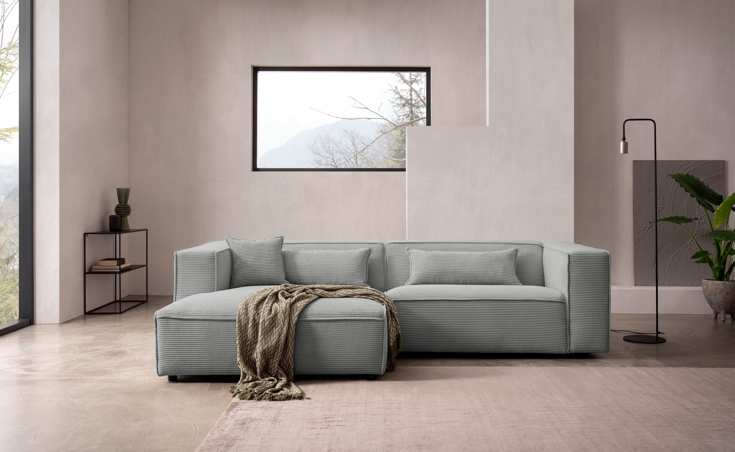 LeGer Home by Lena Gercke Ecksofa »PIARA mit Kedernaht in Cord oder Leinenoptik, moderne Couch in L-Form«, wahlweise Ottomane rechts/links, schwarze Füße, bequemer Sitzkomfort