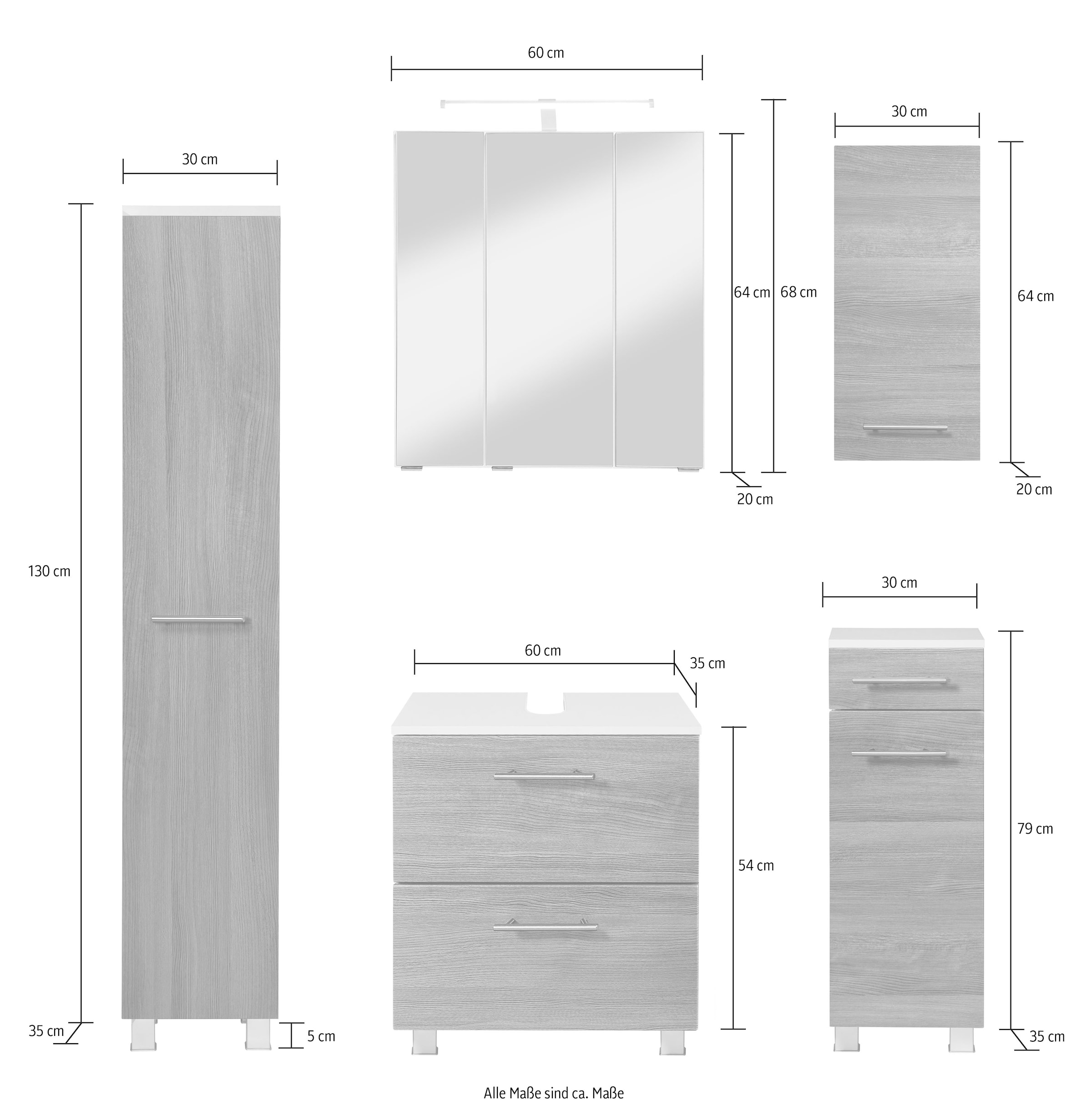 welltime Badmöbel-Set »"Trento", Badezimmer-Set, Hängeschrank, Unterschrank, Midischrank«, (5 St.), Waschbeckenunterschrank, Spiegelschrank inkl. Aufbauleuchte