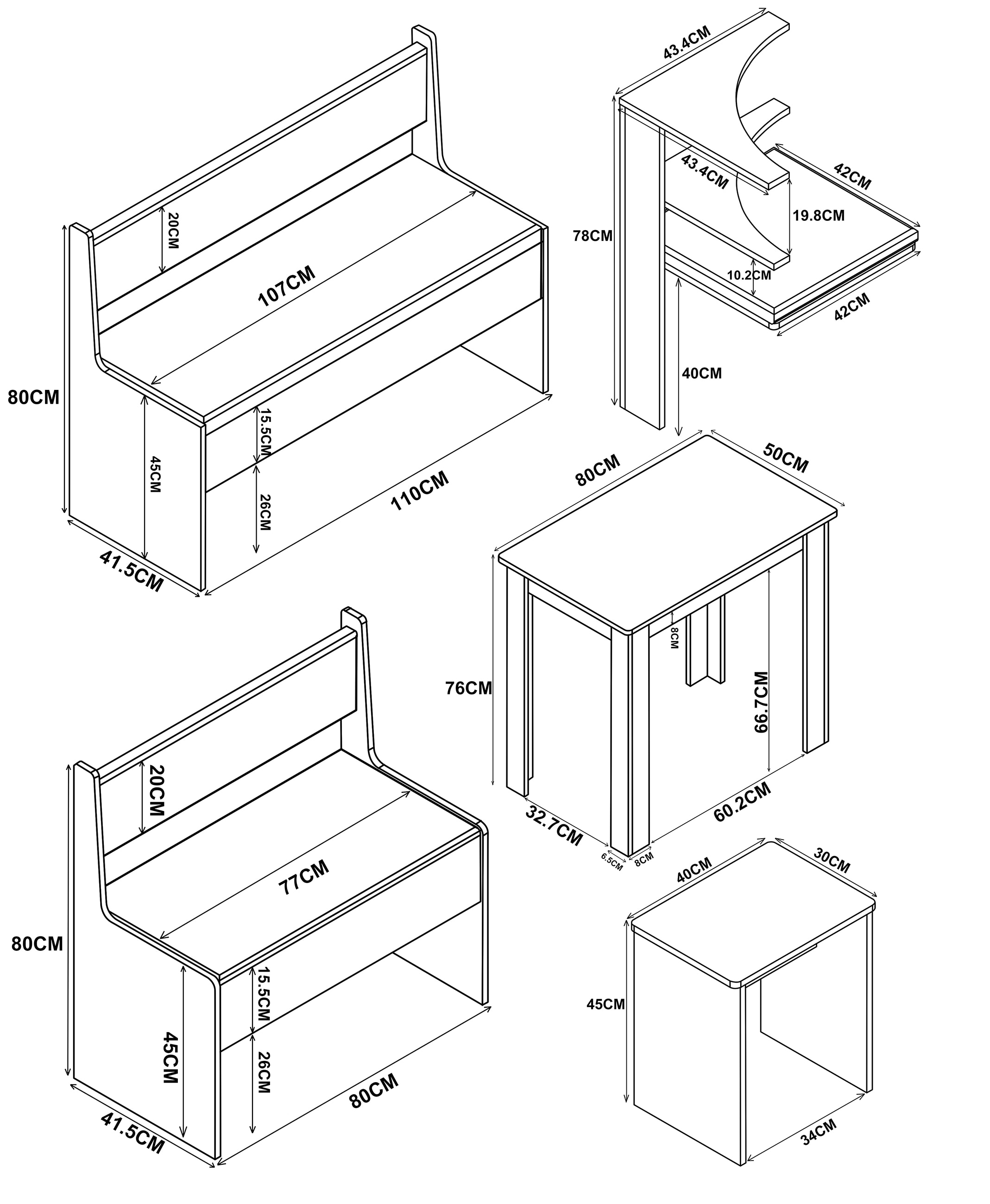 VCM Essgruppe »VCM Eckbankgruppe Sitzgruppe Esszimmergruppe Bank Tisch Hocker Esal Mini« Esal, 5 Stk. tlg.