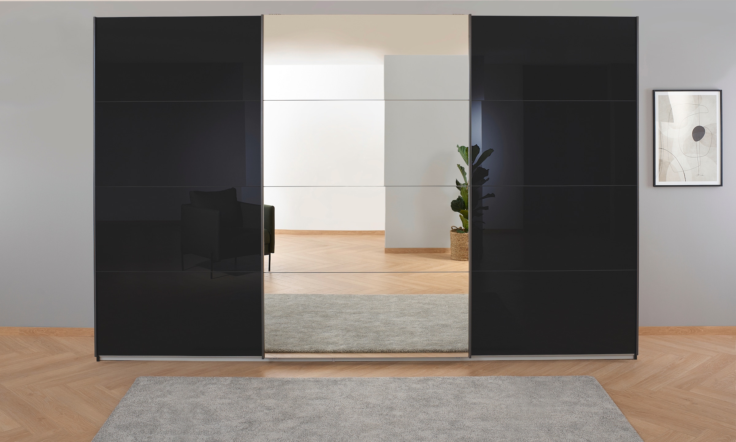 rauch Schwebetürenschrank »Kleiderschrank Schrank Garderobe KOLUNA mit Glastüren und Spiegel«, inkl. 2 Innenschubladen sowie extra Einlegeböden MADE IN GERMANY