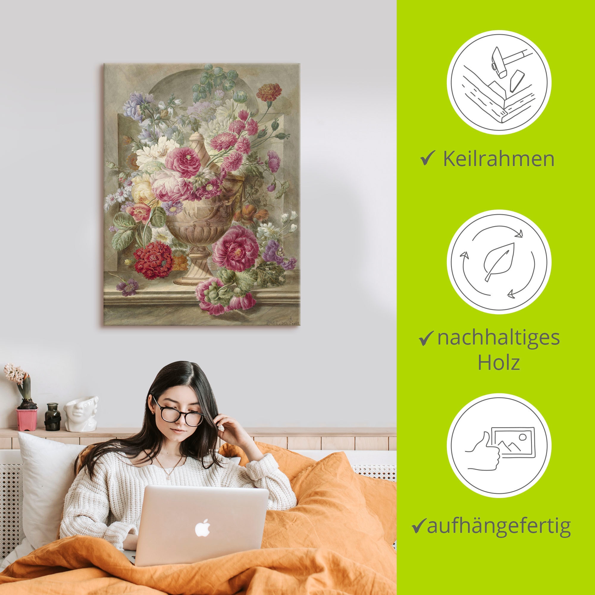 Artland Leinwandbild »Vase mit Blumen.« Arrangements 1 Stk. tlg. auf Holzrahmen gespannt