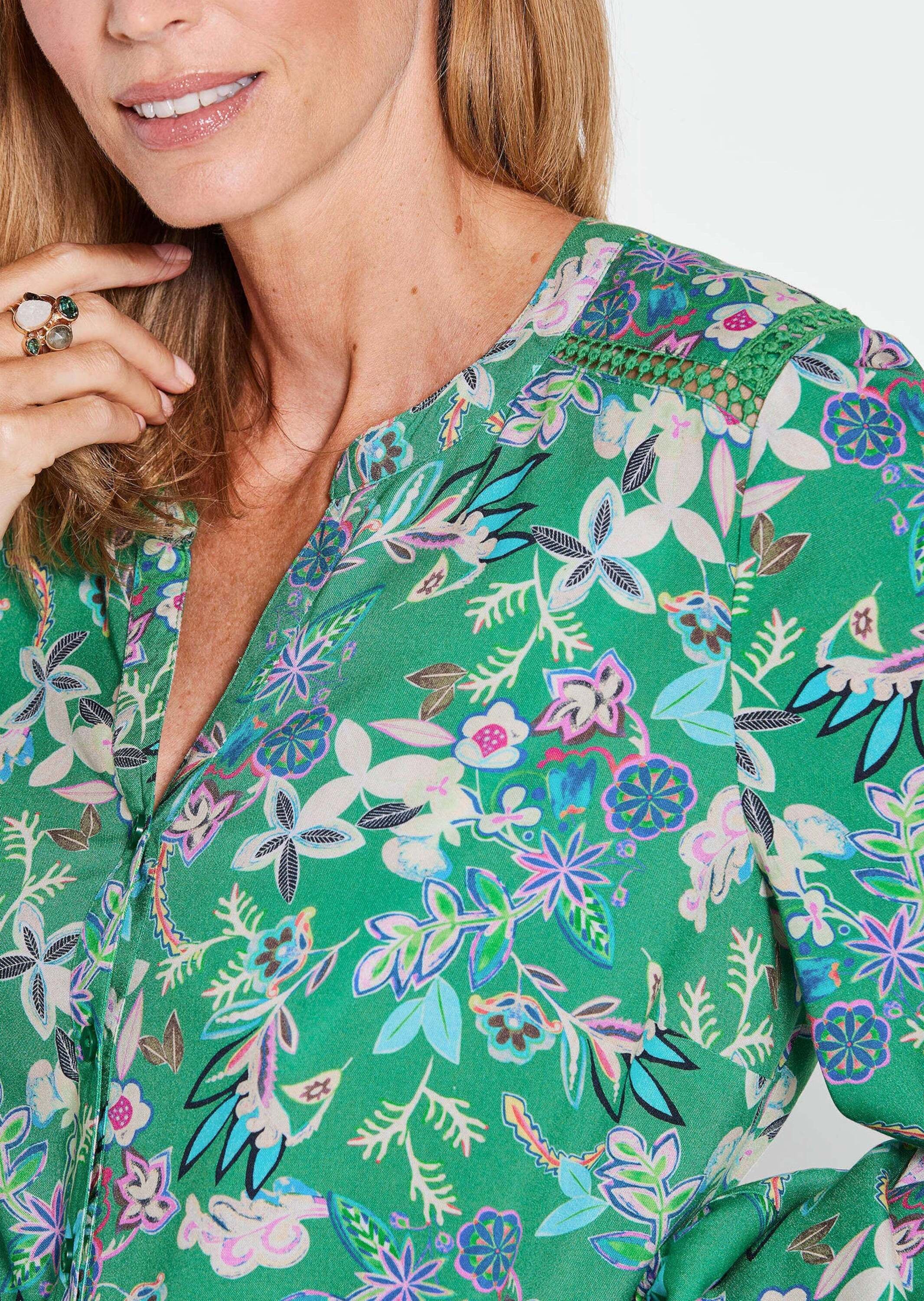 GOLDNER Kurzarmbluse »Kurzgröße Florale Viskosebluse Langarm« Knopfleiste