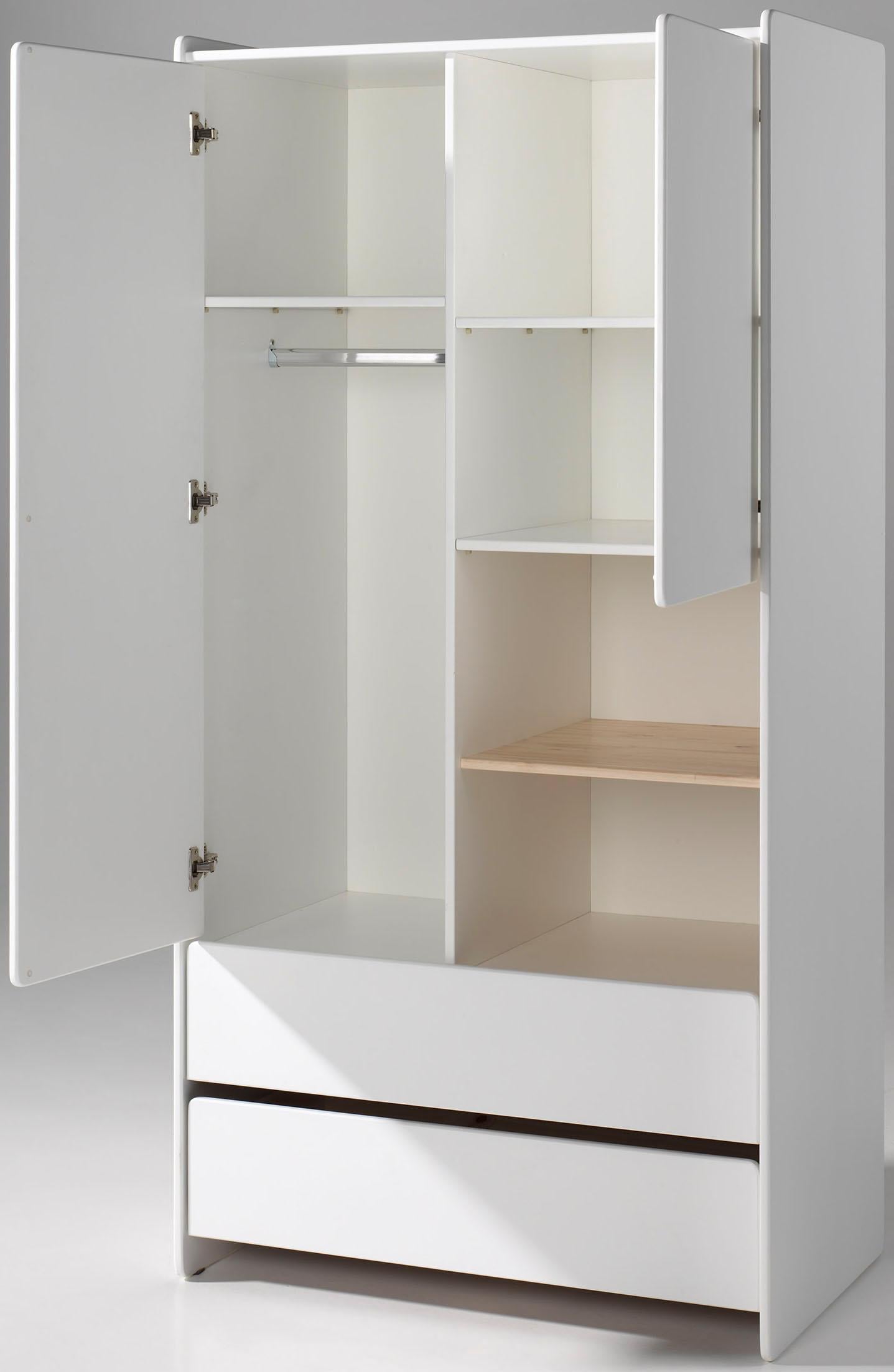 Vipack Kleiderschrank »Kiddy, mit funktioneller Einteilung und 2 Schubladen, stabil gebaut«, (H/T ca. 180x55cm, MDF weiß lackiert, Fachboden Kiefer), bietet viel Stauraum, wahlweise 2 Schrankbreiten