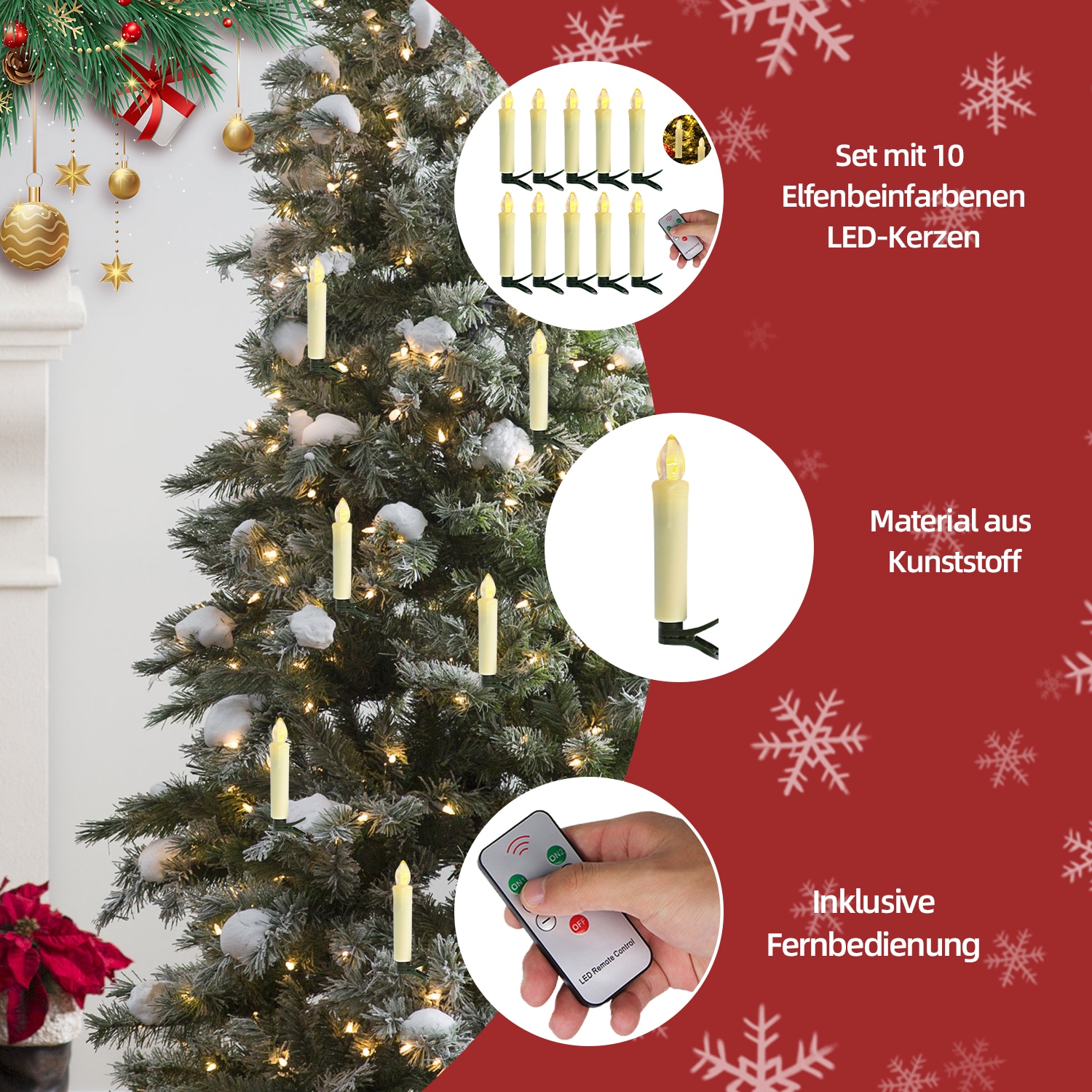 SHX Dekoobjekt »LED-Weihnachtskerzen mit Fernbedienung 10er Pack«, Dimmfunktion, keine Kabel nötig, keine Brandgefahr