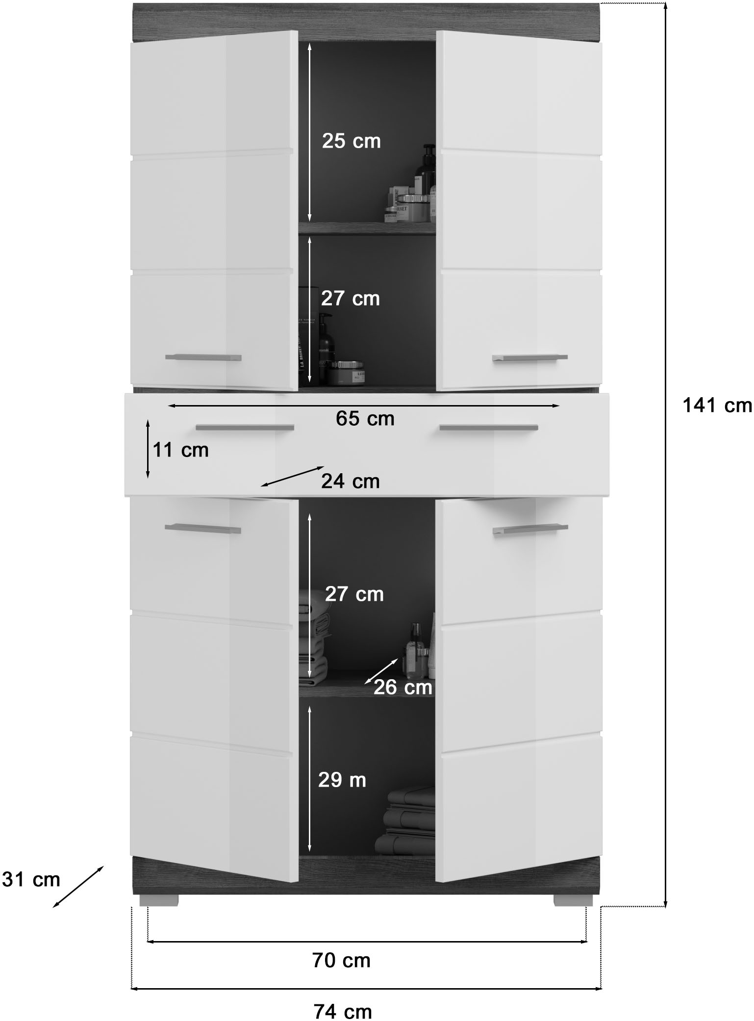 welltime Midischrank »SIENA, Breite 74cm, 4 Türen, 1 Schubkasten, 4 Fächer, MDF-Front« TOPSELLER!,  in verschiedenen Farben erhältlich, Badmöbel, Badschrank, Schrank, Bad
