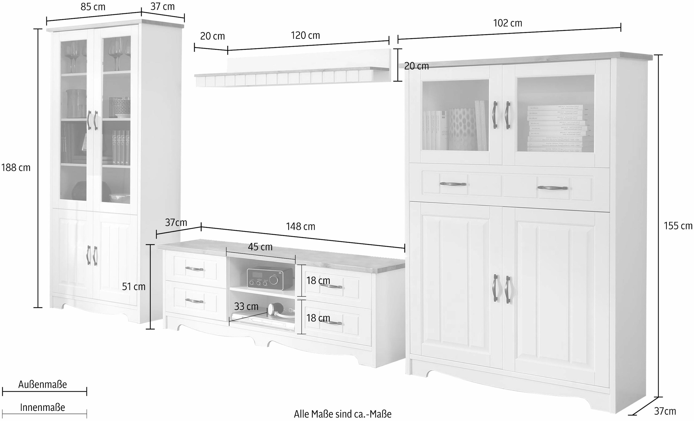 aus Home »Trinidad«, Set Vitrine, 4 1 Lowboard, Highboard, (Set, affaire Wandboard 1 1 1 Wohnwand bestellen Rechnung auf St.),