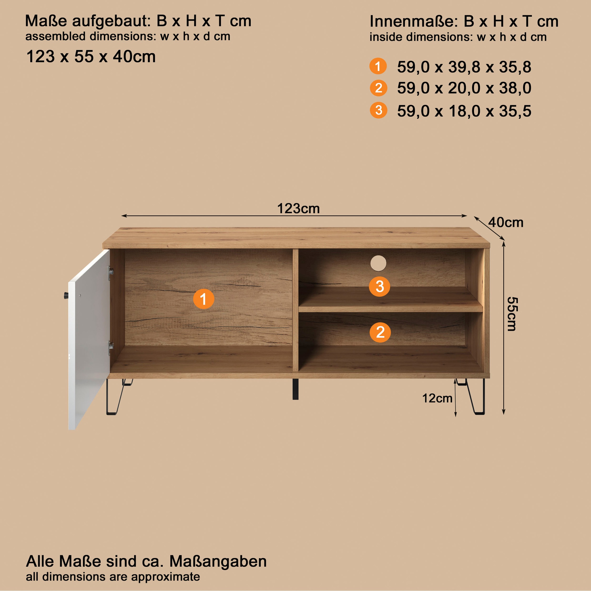 Places of Style Lowboard »Tarragona TV-Kommode«, TV-Unterteil mit 1 Tür & 2 Fächern - (B/T/H) 123/40/56 cm