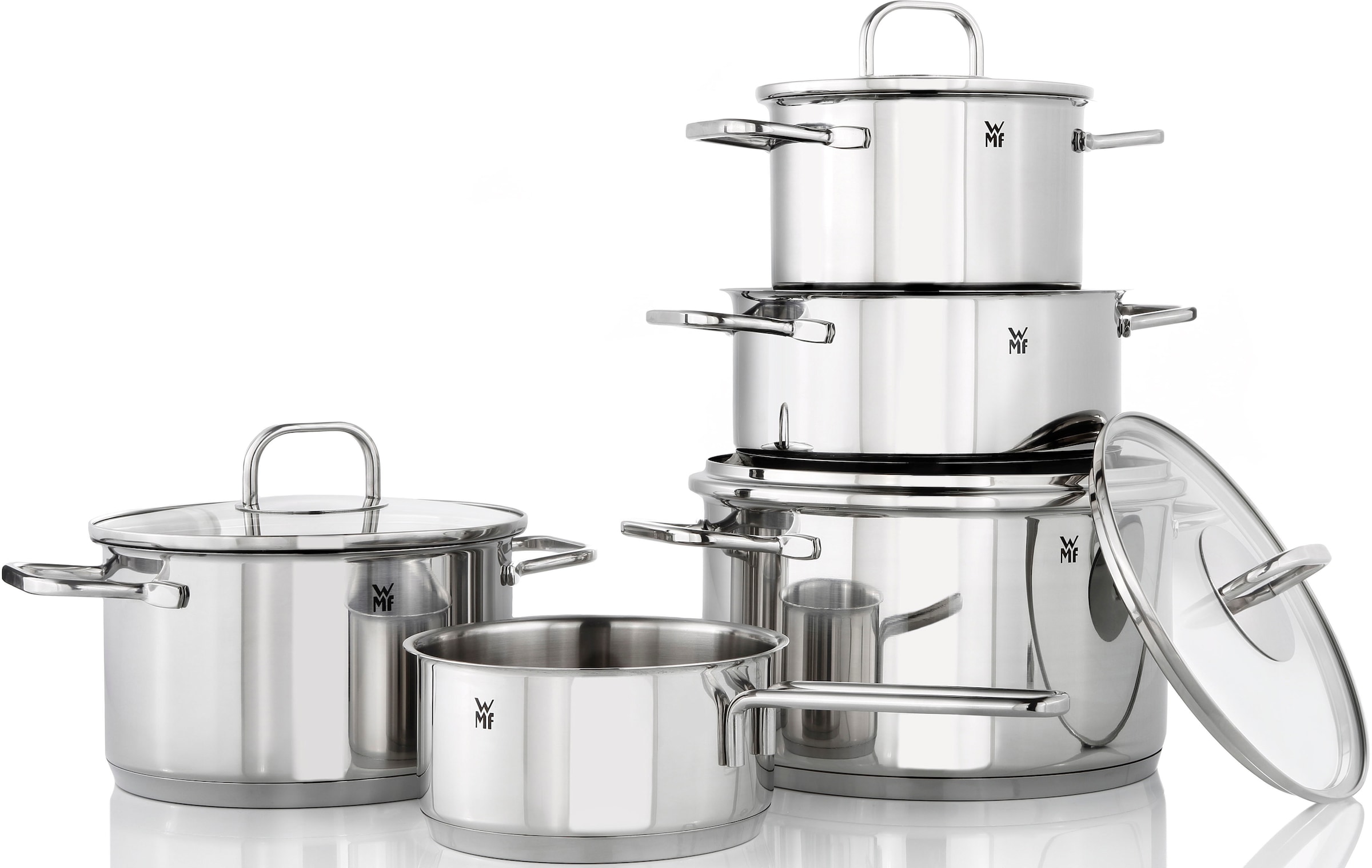 WMF Topf-Set »Inspiration«, Cromargan® Edelstahl Rostfrei 18/10, (Set, 11 tlg., 9-teiliges Topf-Set, 2-teiliges Pfannen-Set), inkl. 2-teiliges Pfannen-Set Devil, Induktion