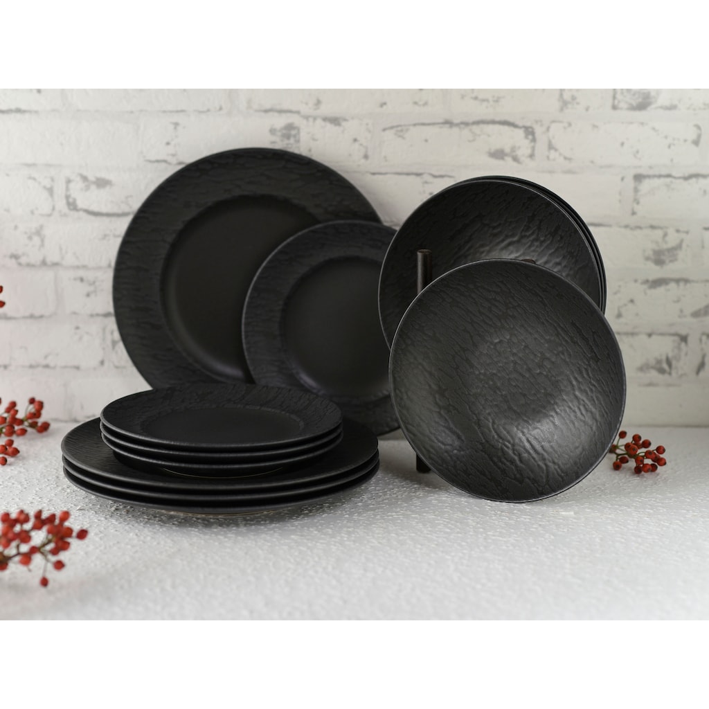 CreaTable Teller-Set »Geschirr-Set Schiefer«, (Set, 12 tlg., Tafelservice für 4 Personen), Service, schwarz, schieferoptik, 12 Teile, für 4 Personen