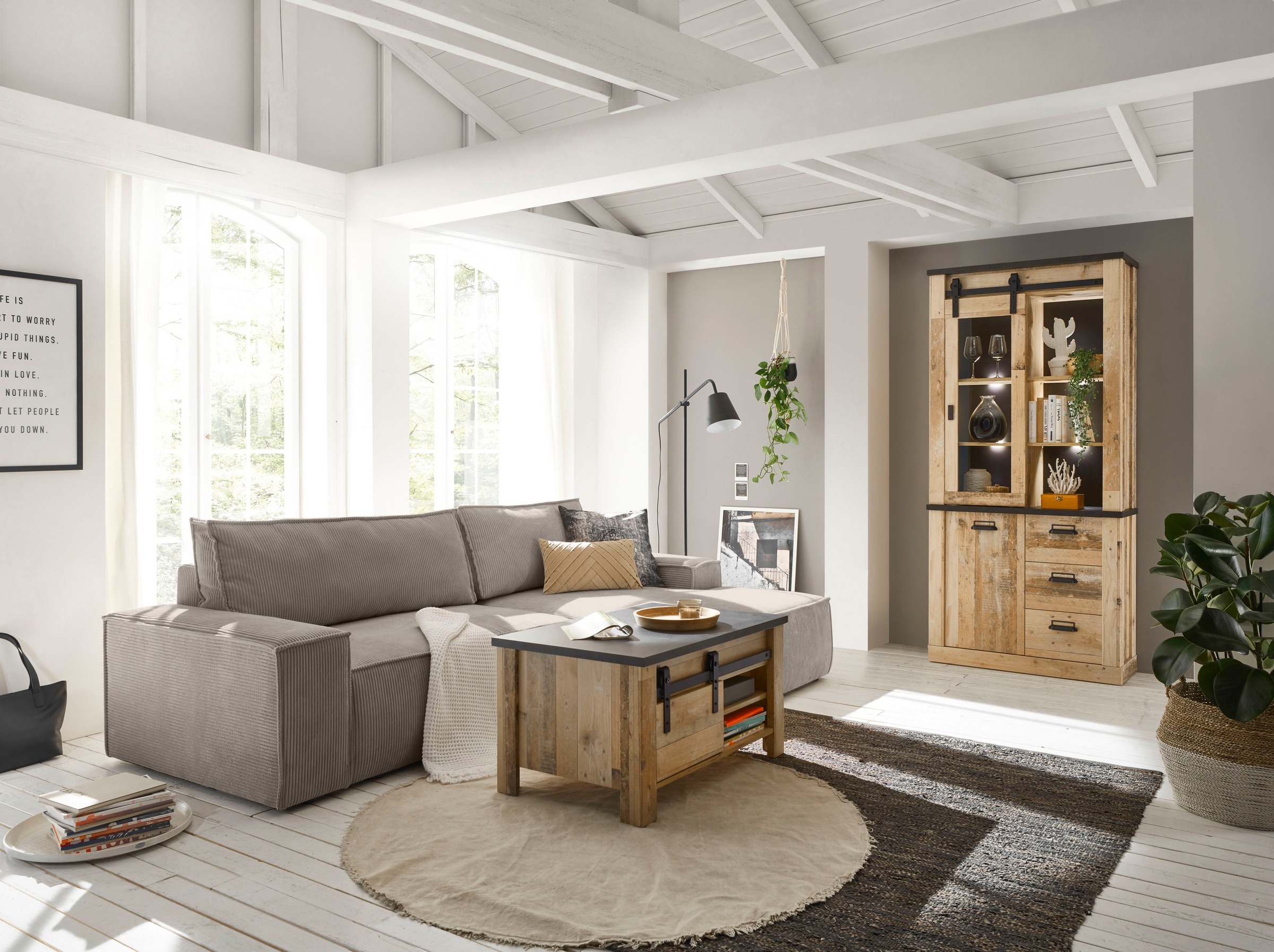 Home affaire Ecksofa »SHERWOOD Schlafsofa 267 cm, L-Form,«, Schlaffunktion mit Bettkasten (210x136 cm), Cord, Vintage, Samtvelours
