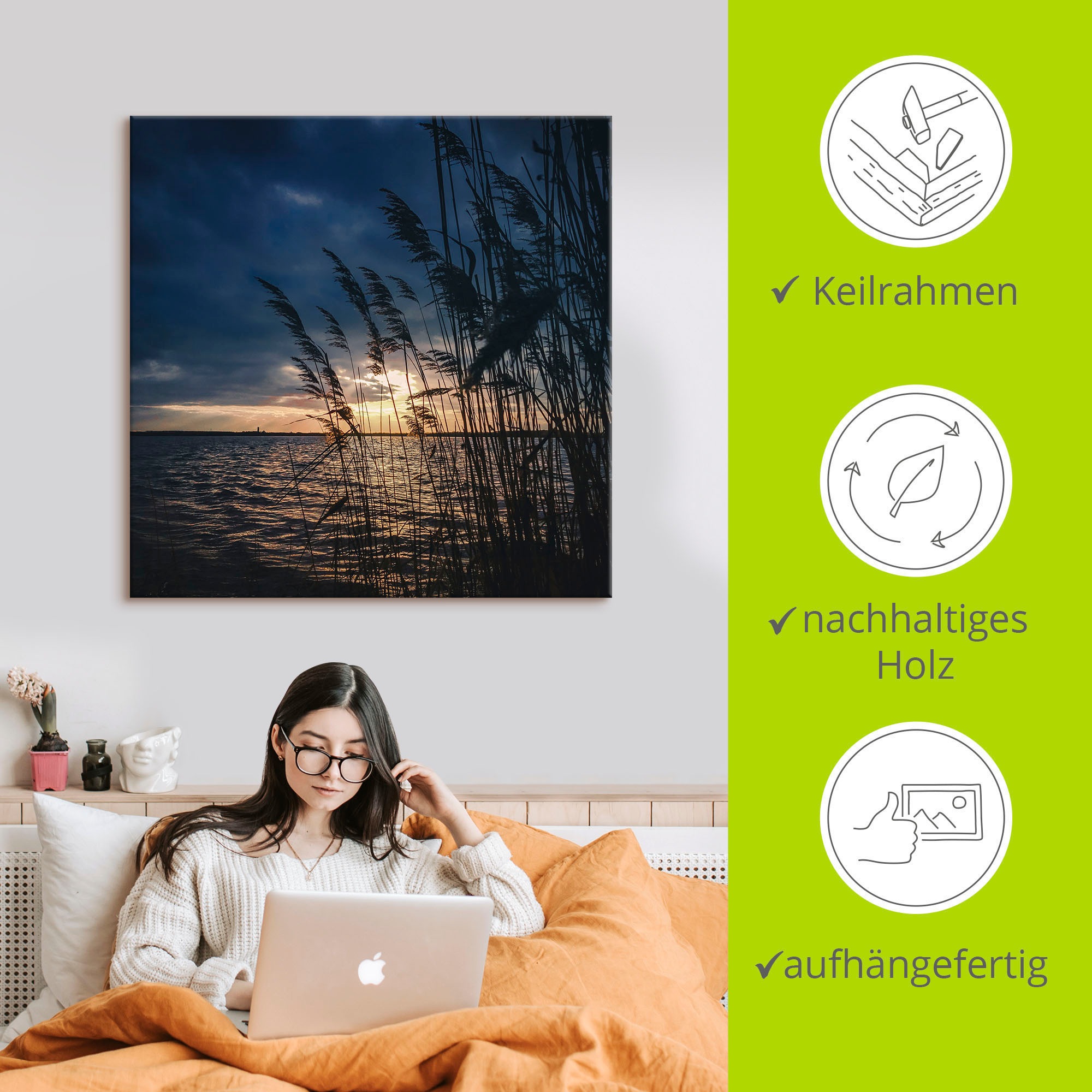 Artland Alu-Dibond-Druck »Sonnenuntergang mit Schilf am See«, Seebilder, (1 St.), für Innen- und Außenbereich geeignet, Outdoorbild