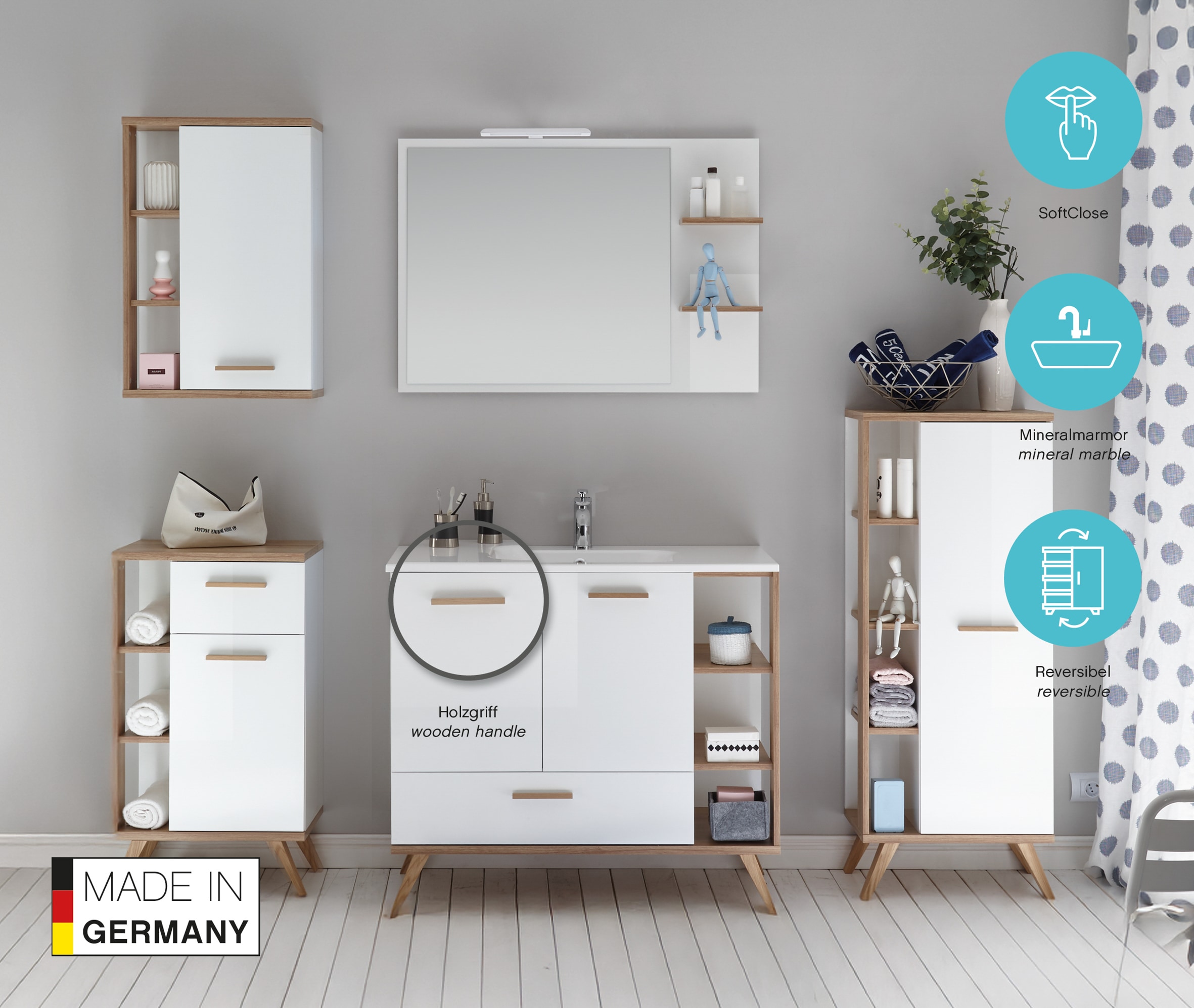 Saphir Waschtisch »Quickset Mineralmarmor-Waschtisch mit Unterschrank, 101 cm breit« Wachplatz, inkl. Türdämpfer, 2 Türen, 1 Schublade, seitliches Fach