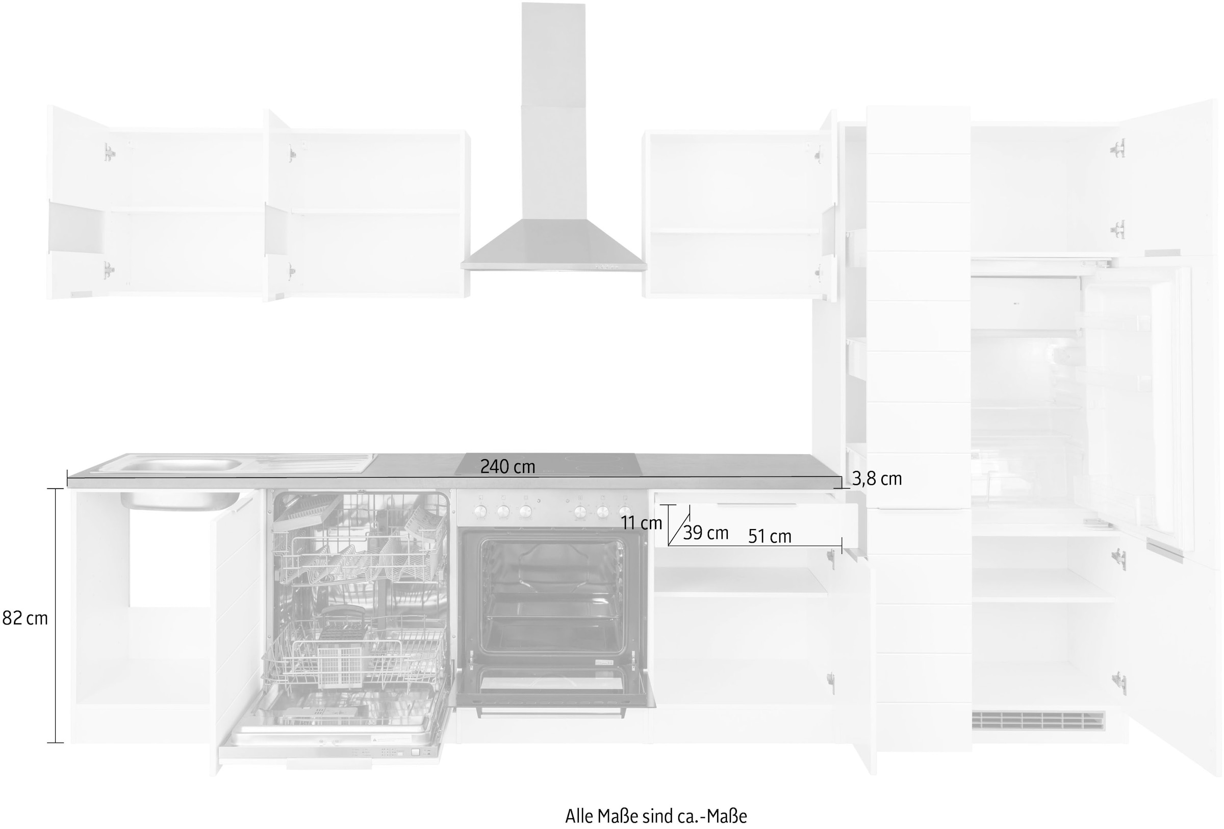 KOCHSTATION Küchenzeile »KS-Luhe« 330 cm breit, wahlweise mit oder ohne E-Geräten, gefräste MDF-Fronten