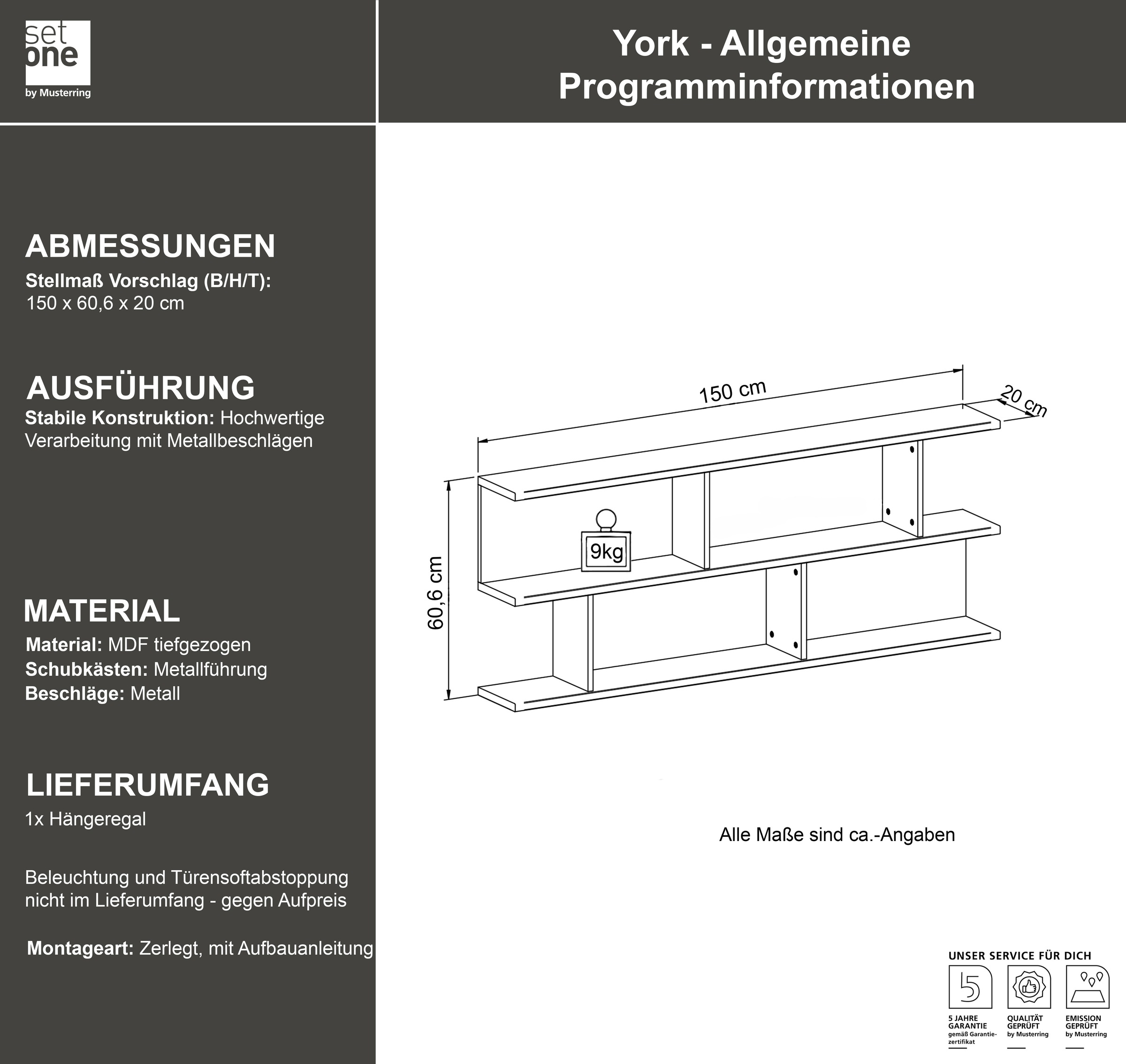 set one by Musterring Wandregal »York«, Typ 43, mit 3 Ablageböden, 3 Farben, Beleuchtung optional, B 150 cm