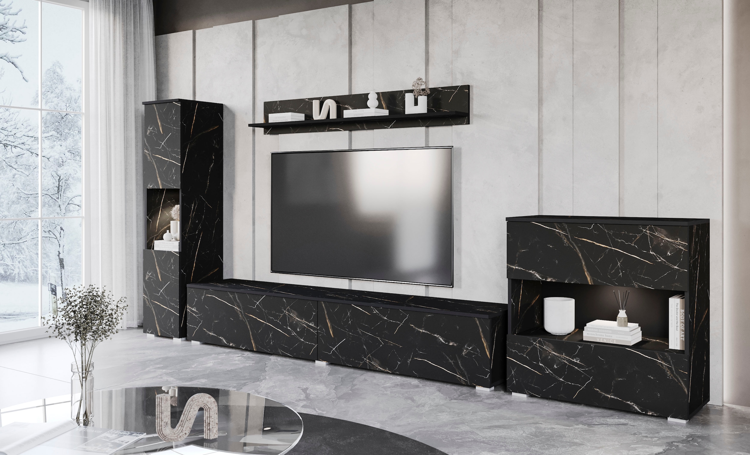 INOSIGN Wohnwand »PARIS, Vitrine Türanschlag links/rechts wechselbar«, (Komplett-Set, 4 St.), grifflose Design, stehend und hängend montierbar