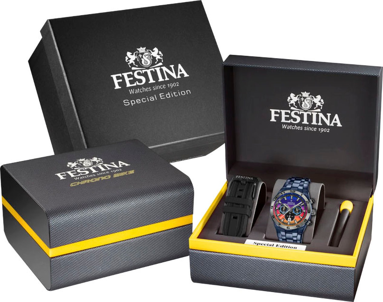 Festina Chronograph »Chrono Bike 2024 - Special Edition«, (Set, 3 tlg., mit Wechselband und Werkzeug), Quarzuhr, Armbanduhr, Herrenuhr, Edelstahlarmband