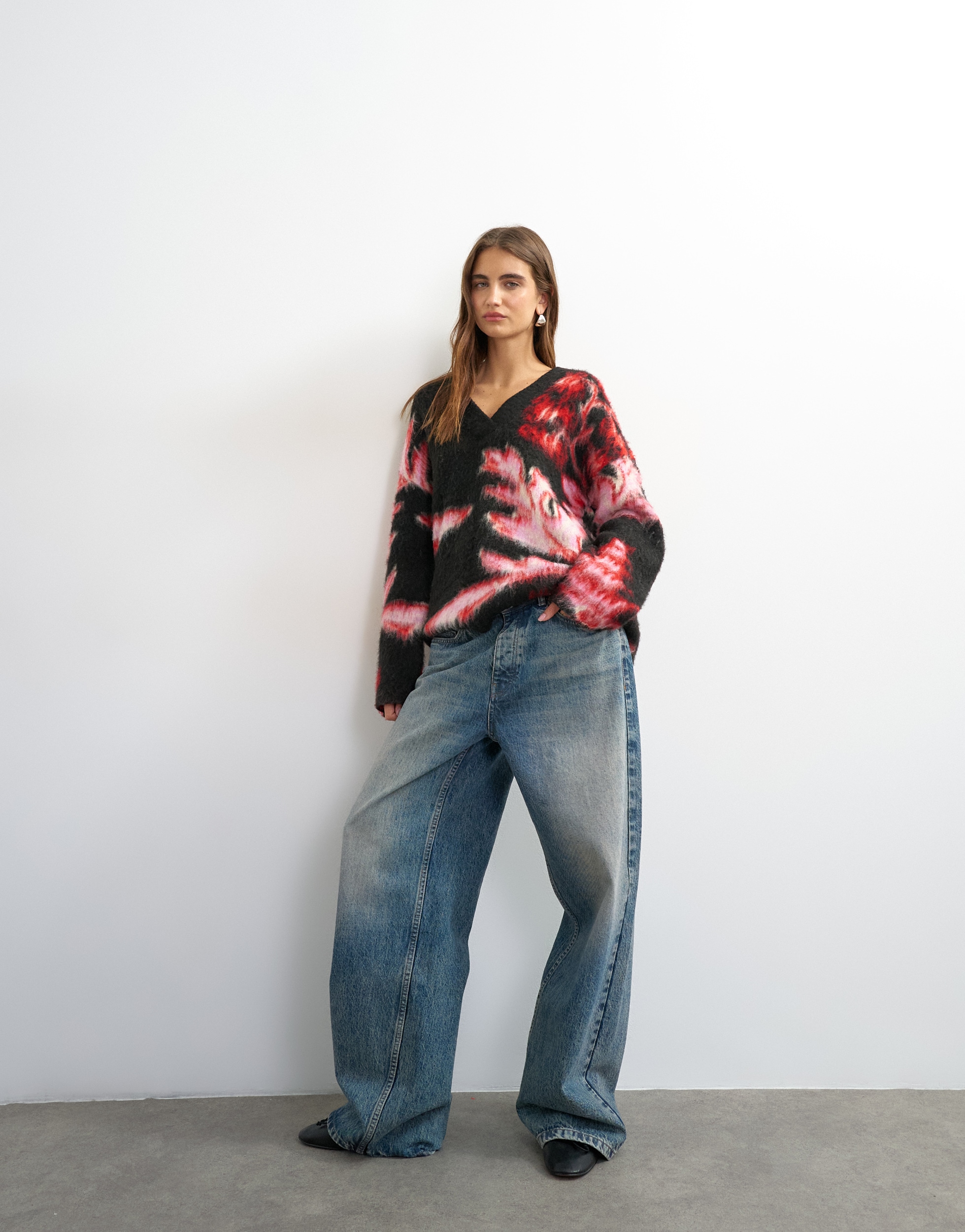 TOPSHOP V-Ausschnitt-Pullover »TSDIJA BRUSHED FLOWER JUMPER KNIT« Materialmix, bedruckt