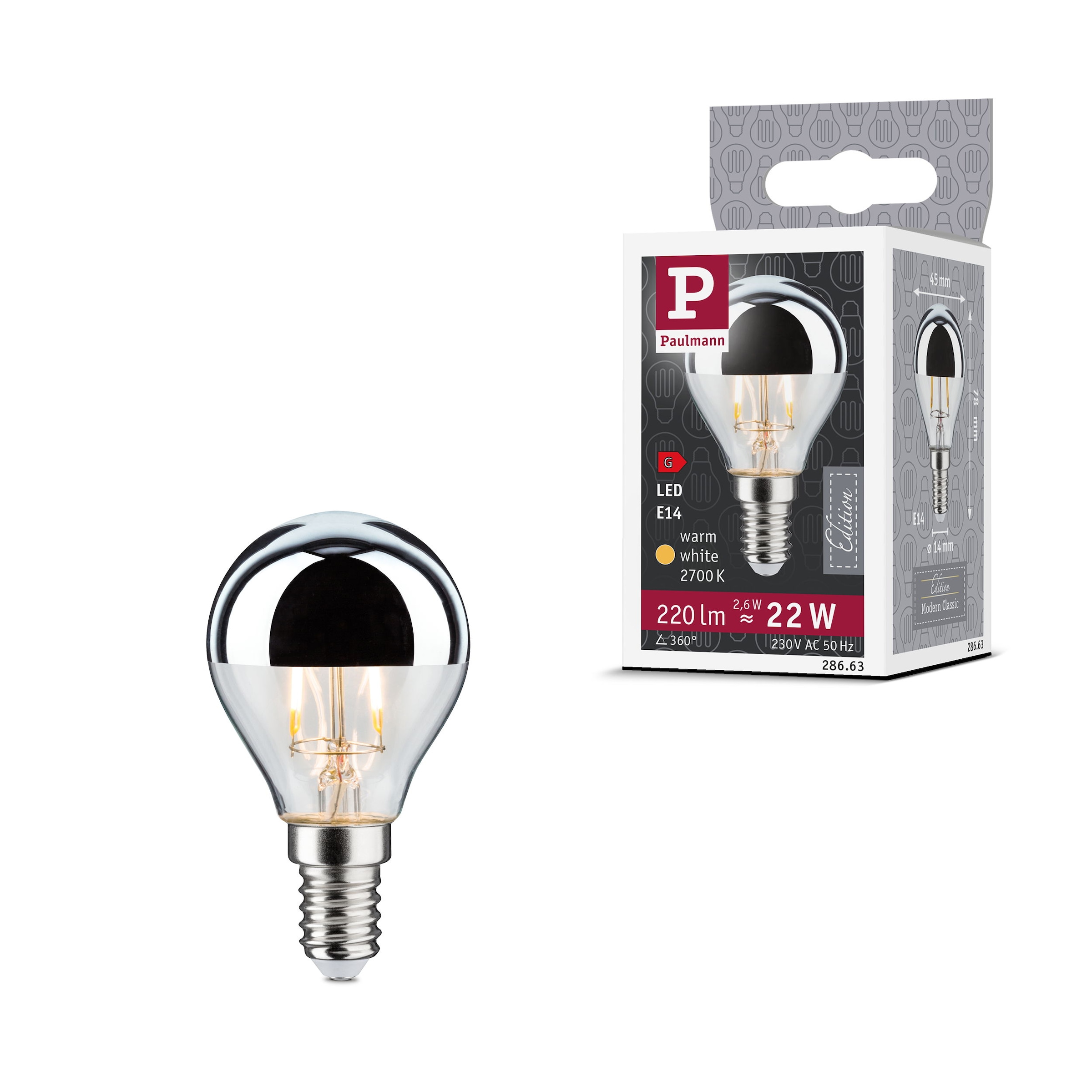 Paulmann LED-Leuchtmittel »Tropfen Kopfspiegel 220lm 2700K 2,6W silber 230V« E14 1 Stk. Warmweiß