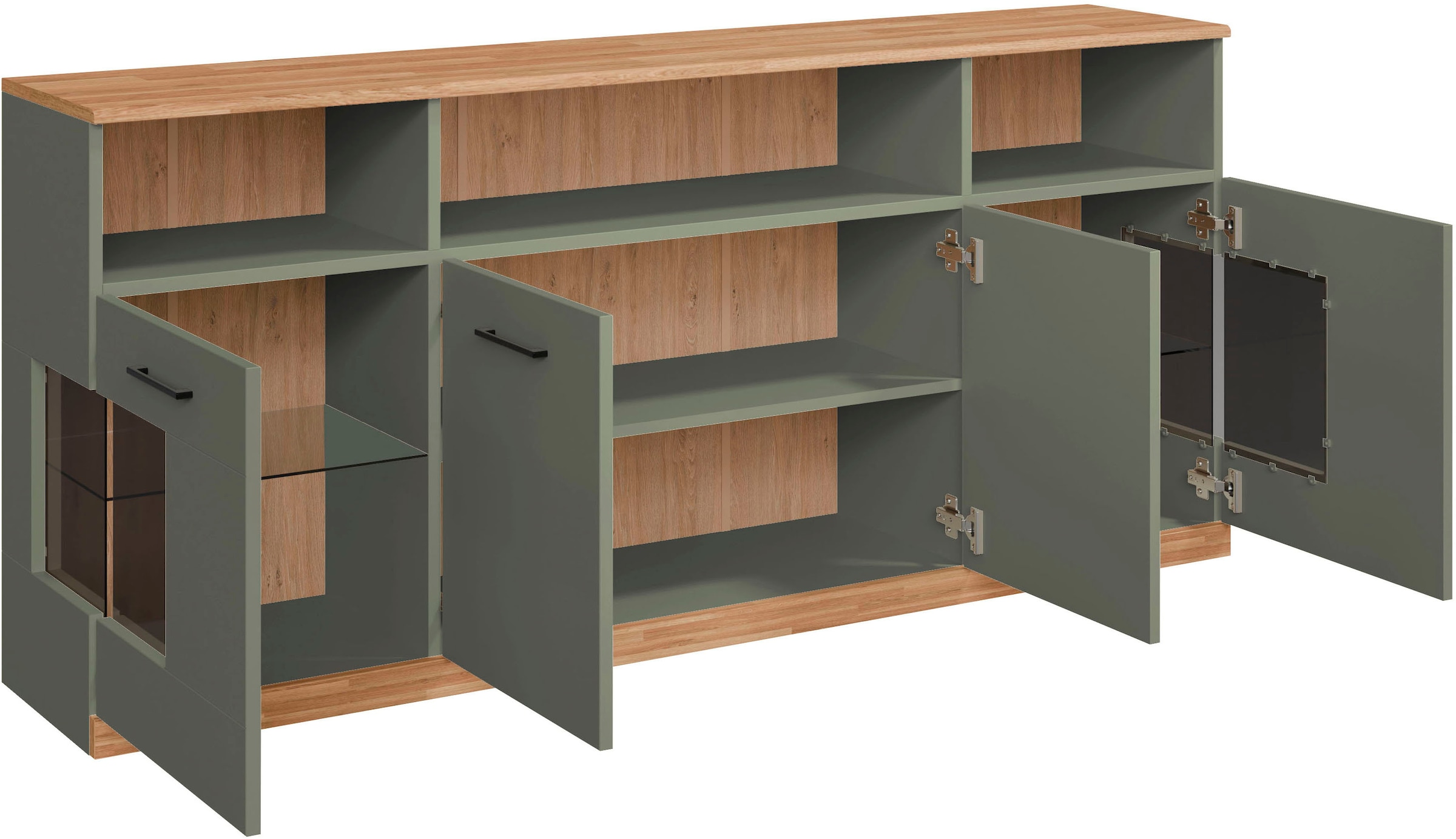 OTTO home Sideboard »Ribe,180cm breit,80cm hoch, 9 Fächer« Oberplatte Eiche massiv,schwarze Metall Griffe,2 Türen mit Glaseinsatz