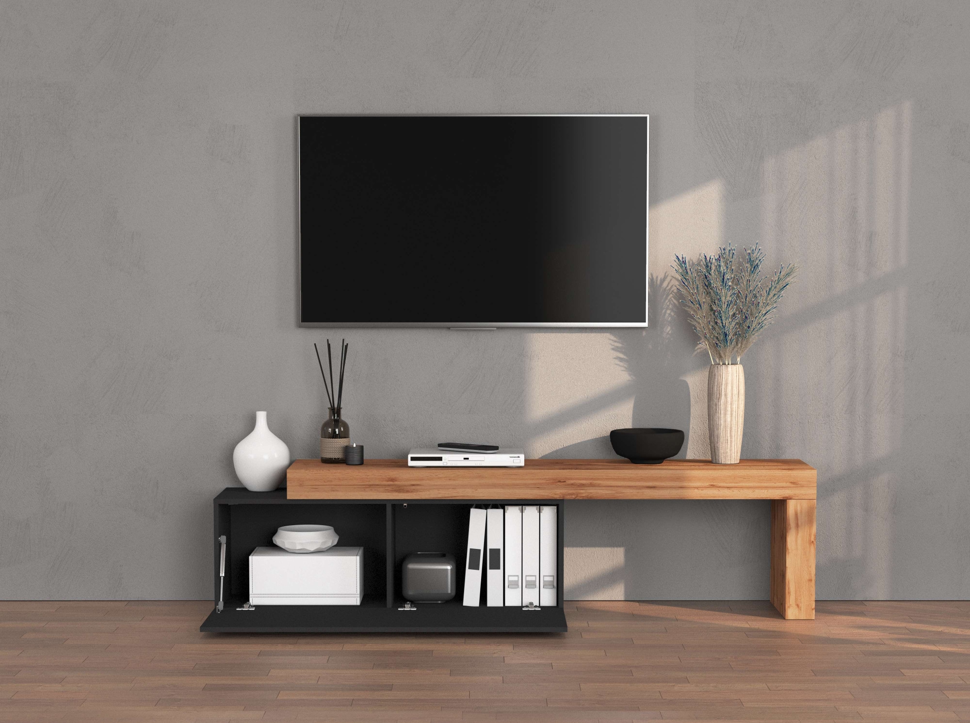 INOSIGN Lowboard »Chronos TV-Board, T-Schrank«, (1 St., Breite verstellbar von 180 bis 290 cm), Breite 240 cm TV-Board,Lowboard,1 Klappe und ein L-Förmiger Aufsatz