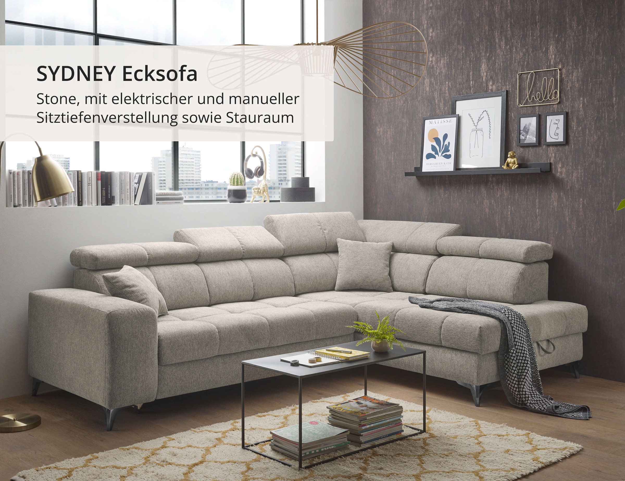 ED EXCITING DESIGN Ecksofa »Sydney L-Form« motorischer Sitztiefenverstellung, USB-Port & 2 Zierkissen