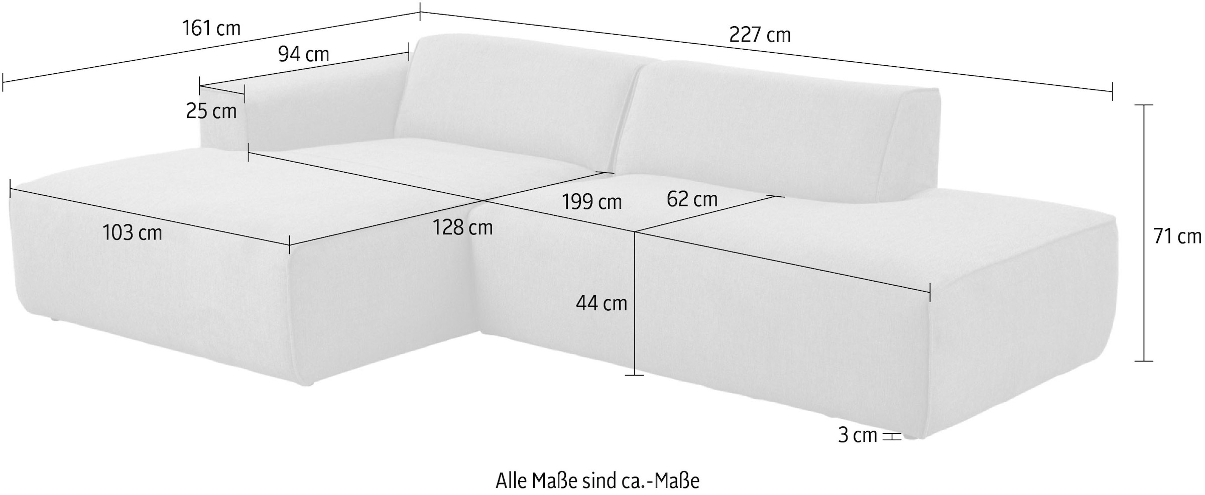 andas Ecksofa »Noord mit Kedernaht, Breite 227 cm«, mit Kedernaht, Breite 227 cm, Cord, Struktur, Webstoff