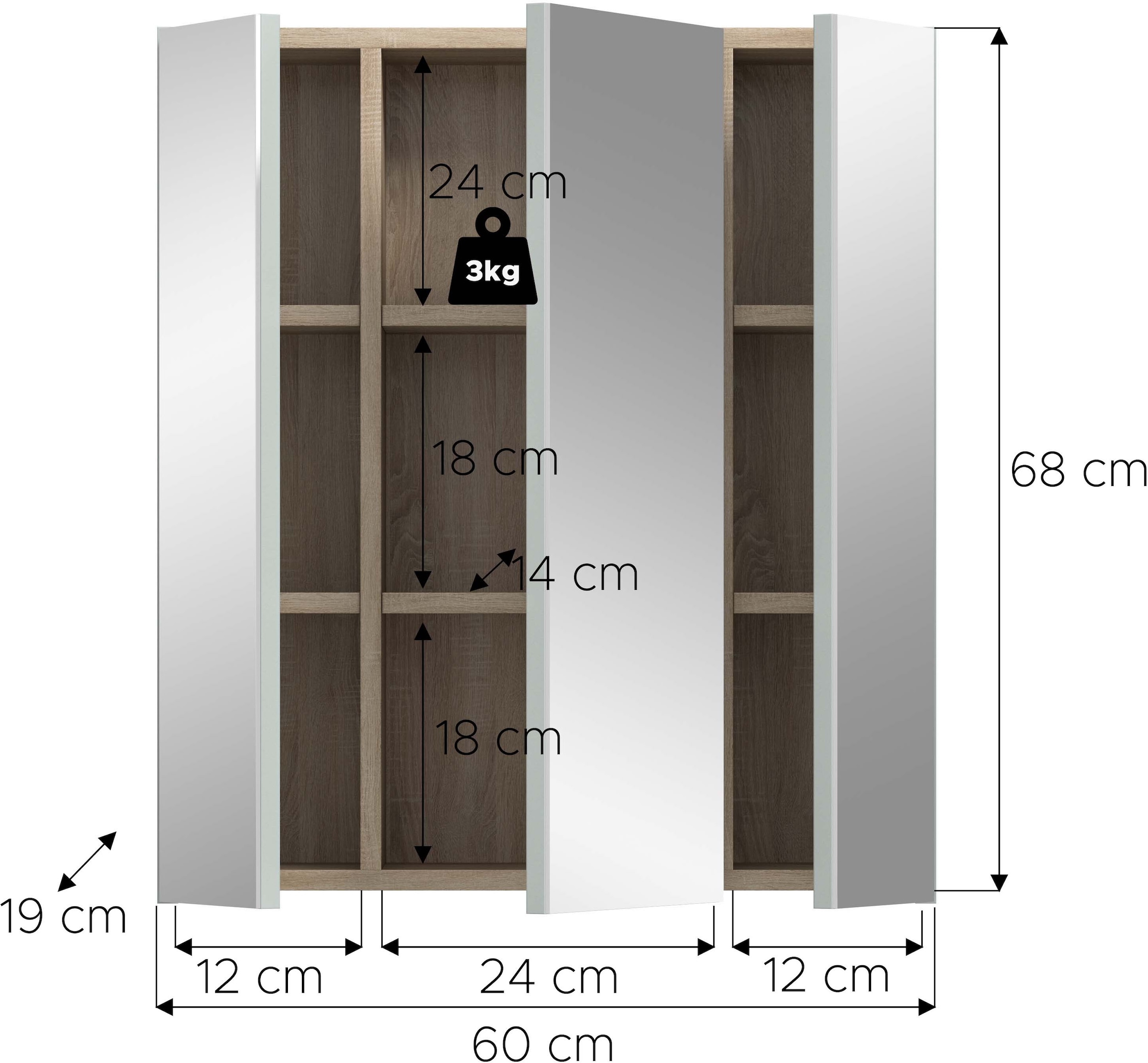 welltime Spiegelschrank »MINTTU, Breite 60 cm, 3 Spiegeltüren, 6 Einlegeböden, 9 Fächer« Türanschlag der mittleren Tür rechts und links montierbar,  Badmöbel, Spiegel, Badschrank, Bad