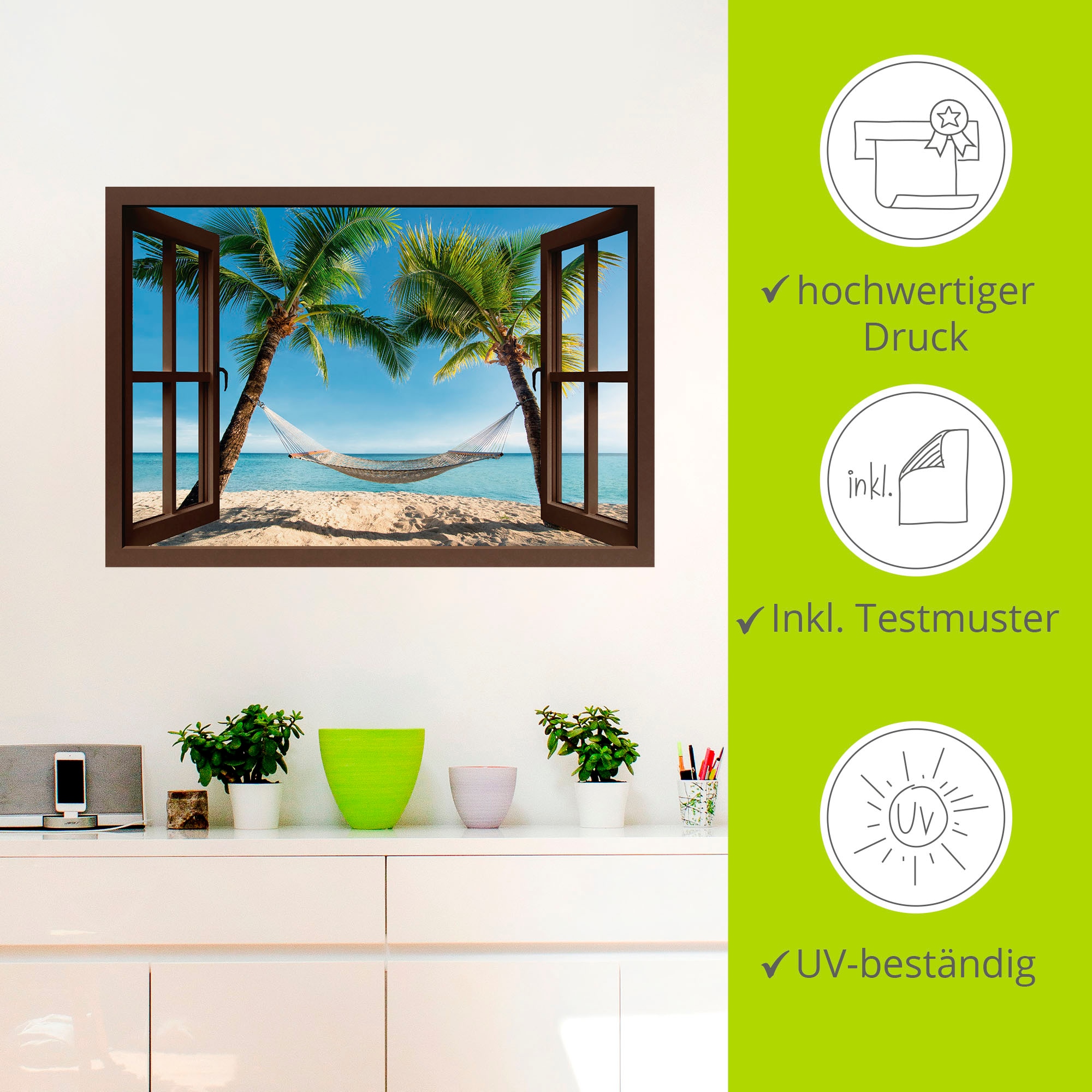 Artland Wandbild »Fensterblick Palmenstrand Karibik«, Amerika, (1 St.), als Leinwandbild, Poster, Wandaufkleber in verschied. Größen