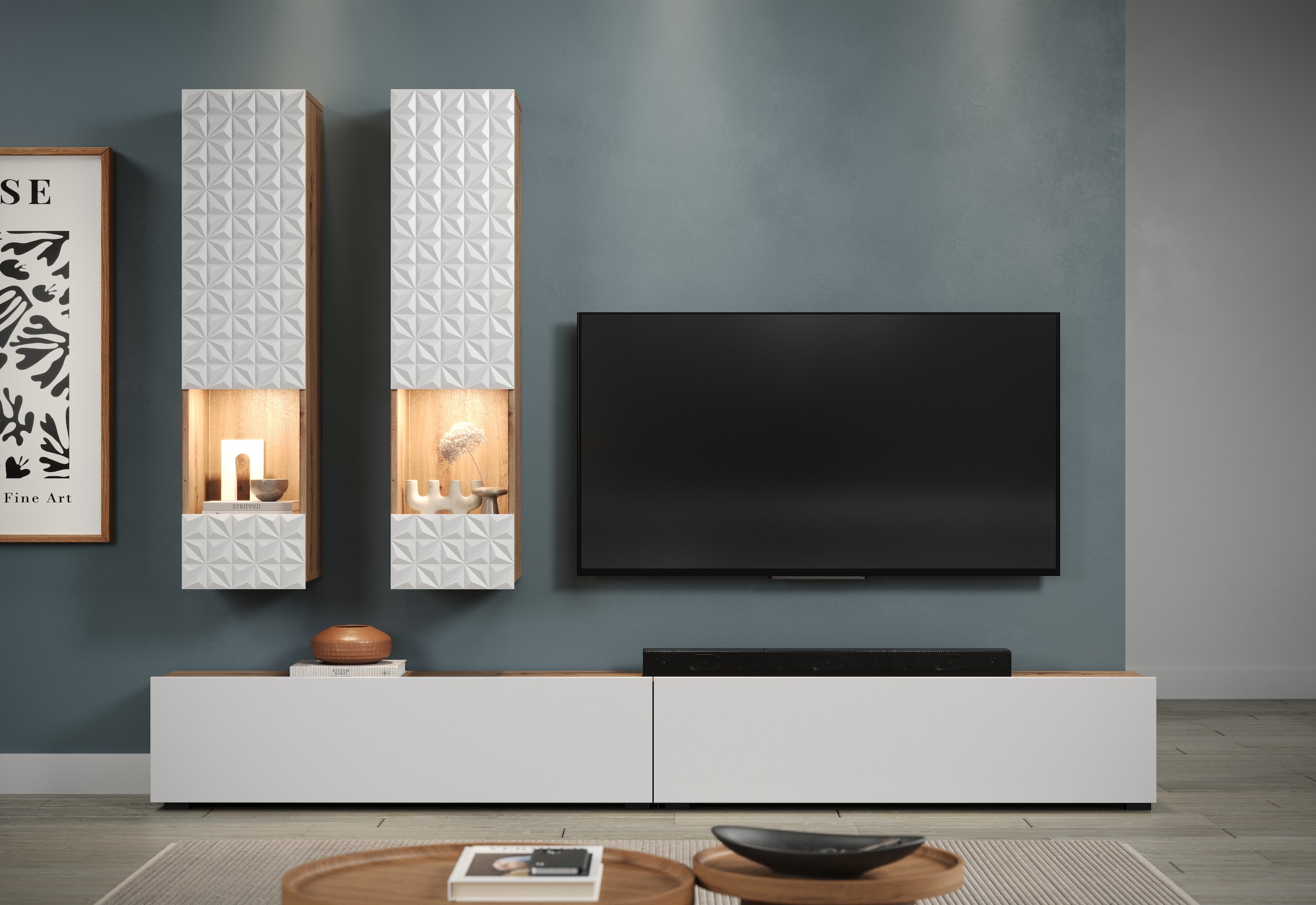 INOSIGN Wohnwand »Rezzo, 2 Hängevitrinen mit Relief-Front, 2 Lowboards je Br. 120 cm«, (Komplett-Set, 4 St.), insgesamt Br. 240 cm, Montage stehend oder hängend