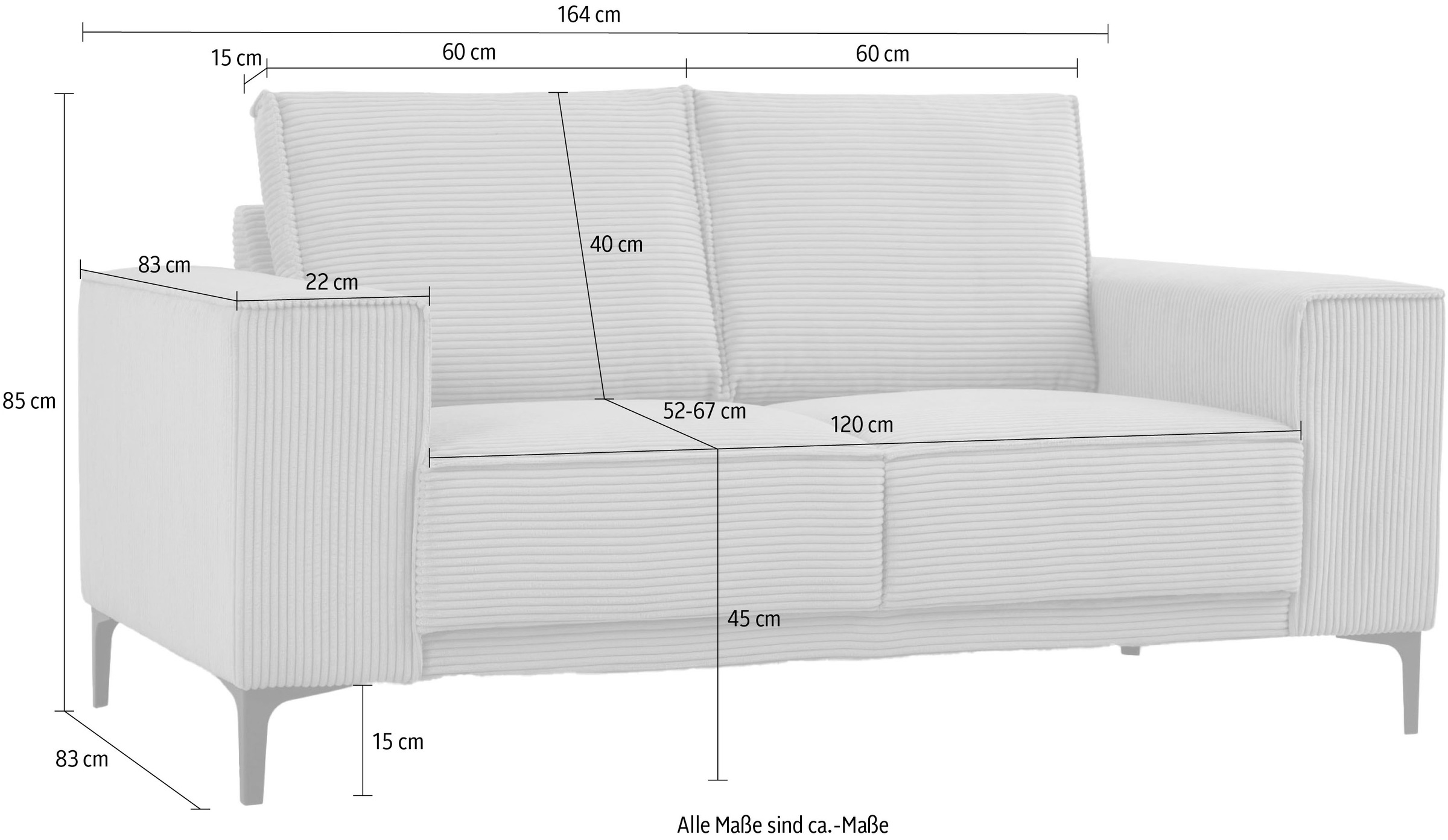 OTTO home 2-Sitzer »OLAND Cord, Sofa, B: 164 cm, Skandi-Design« 164 cm, Wellenunterfederung, Skandi-Design, Metallfüße