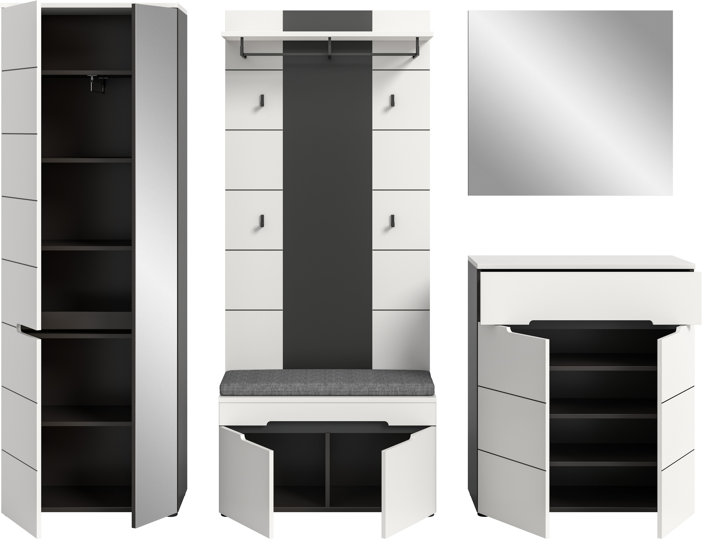 INOSIGN Garderoben-Set »REHAT, TOPSELLER!, 5-teilig, Breite 255 cm, individuell erweiterbar« Set, bestehend aus: Schrank, Sitzbank, Sitzkissen, Paneel, Spiegel, Kommode, 6 Stk. tlg.