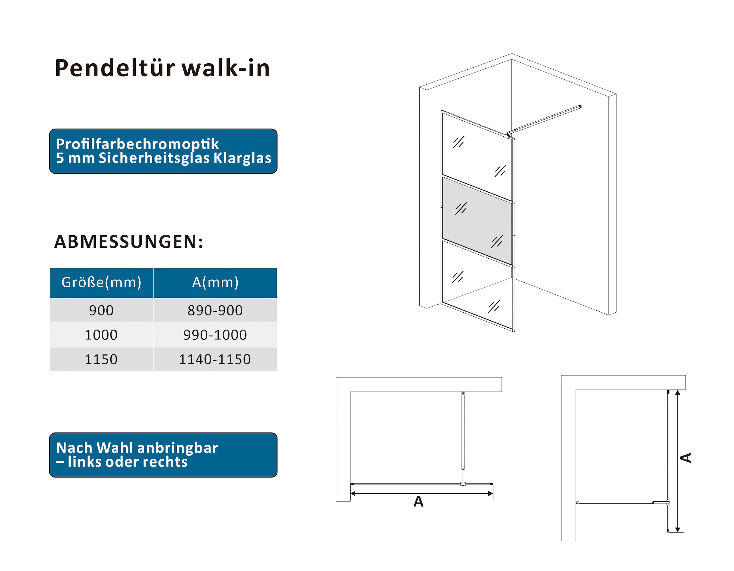 welltime Walk-in-Dusche »Walk-In Foggy Black« Milchglaseinsatz für perfekten Sichtschutz
