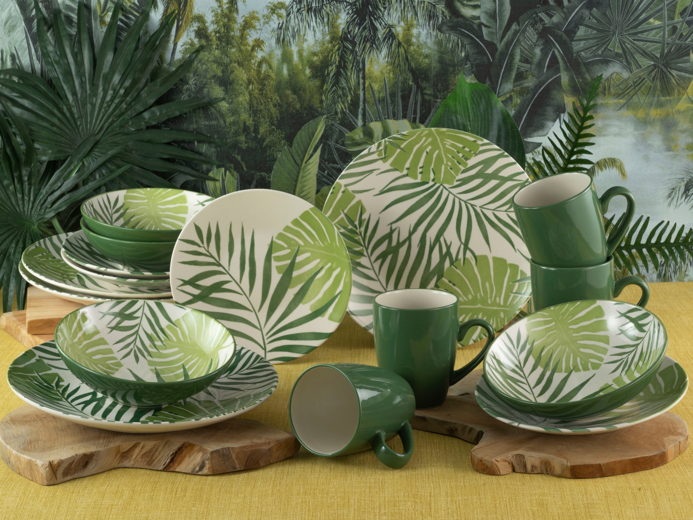 CreaTable Kombiservice »Tropicana«, (Set, 16 tlg.), vollflächiger tropischer Blätter Dekor