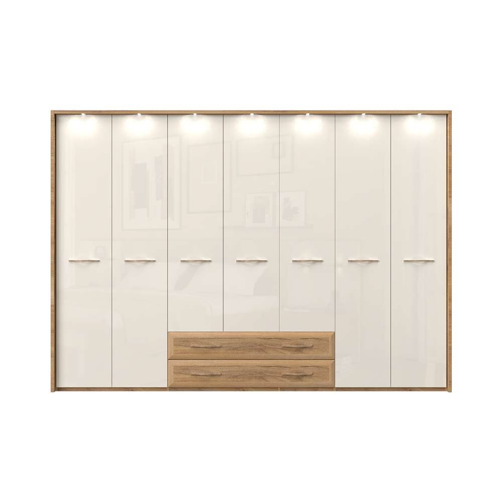 Home affaire Kleiderschrank »Gala, beige hochglänzend UV lackiert, kratzfest, FSC-zertifiziert«, (abgerundete Schubladen aus MDF im Holzdekor, soft-close), mit Beleuchtung und Passpartourahmen, hoher Schrank (224cm), 4 Breiten