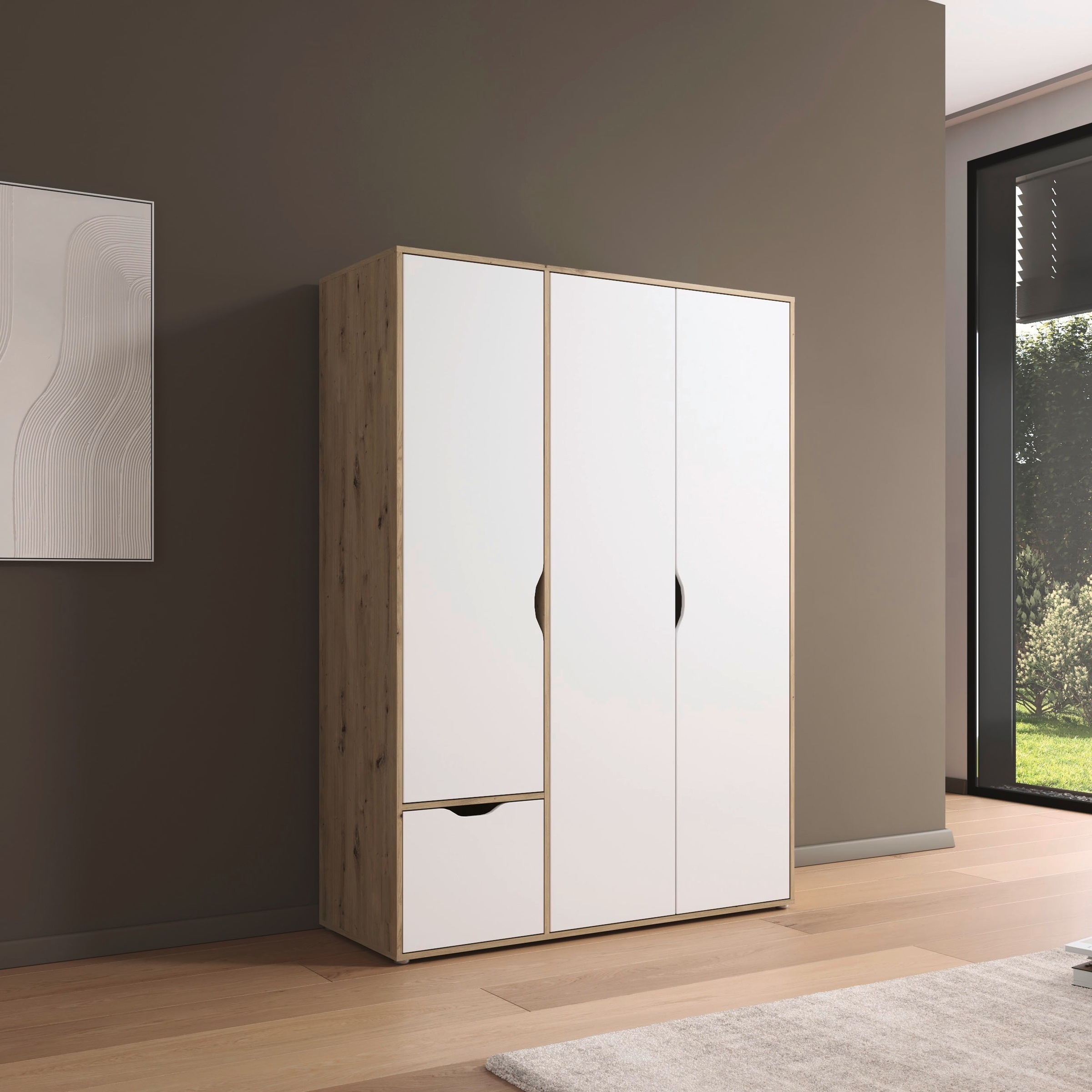 rauch Drehtürenschrank »Kleiderschrank Schrank Garderobe Wäscheschrank NARAI mit Schubladen«, (in 3 verschiedenen Ausstattungen BASIC/CLASSIC/PREMIUM), Griffausfräsungen für eine grifflose Optik TOPSELLER MADE IN GERMANY