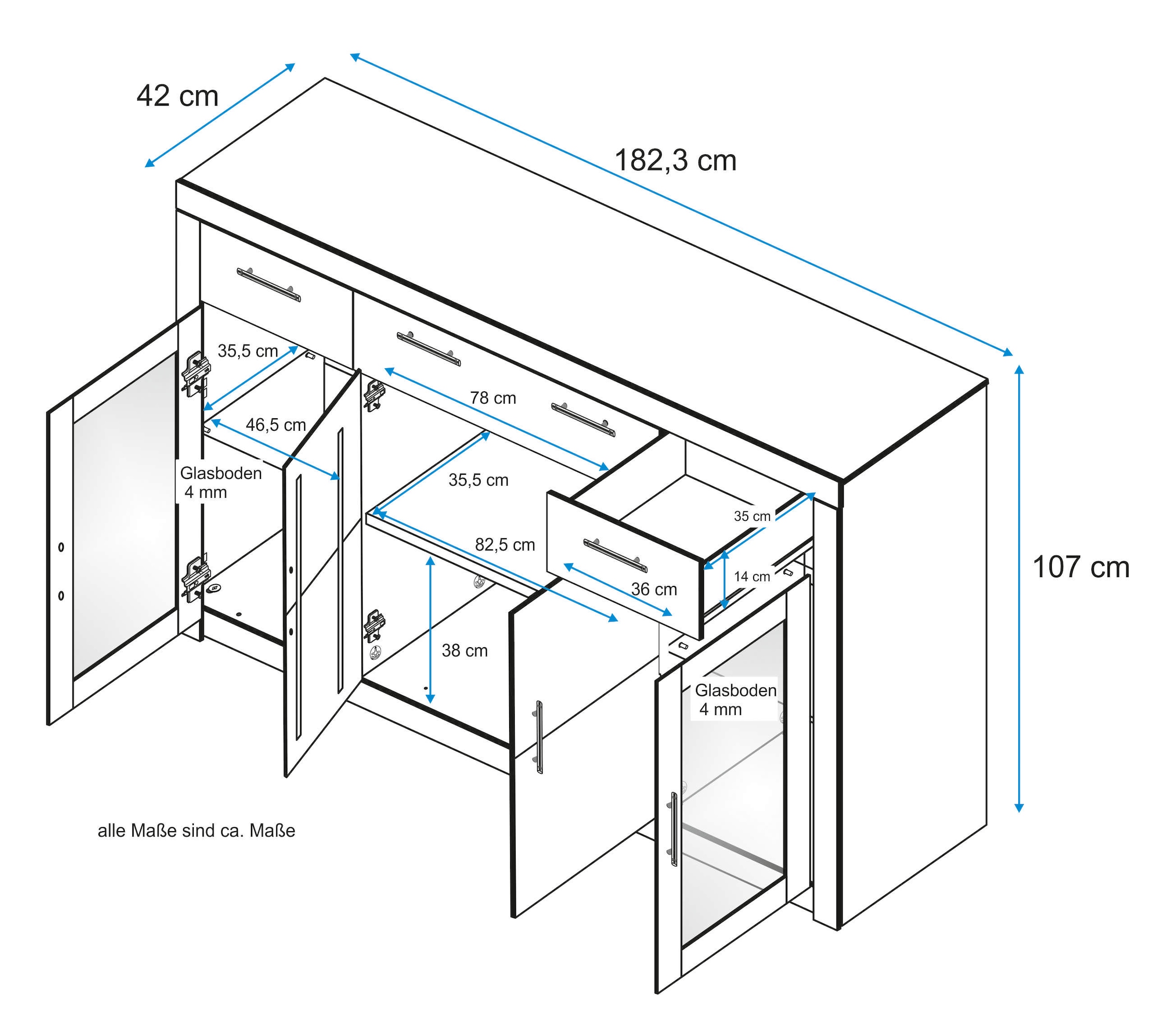 VOGL Möbelfabrik Highboard »Toronto«, opt. Glastüren, teilmassiv, Rahmenoptik, Made in Germany