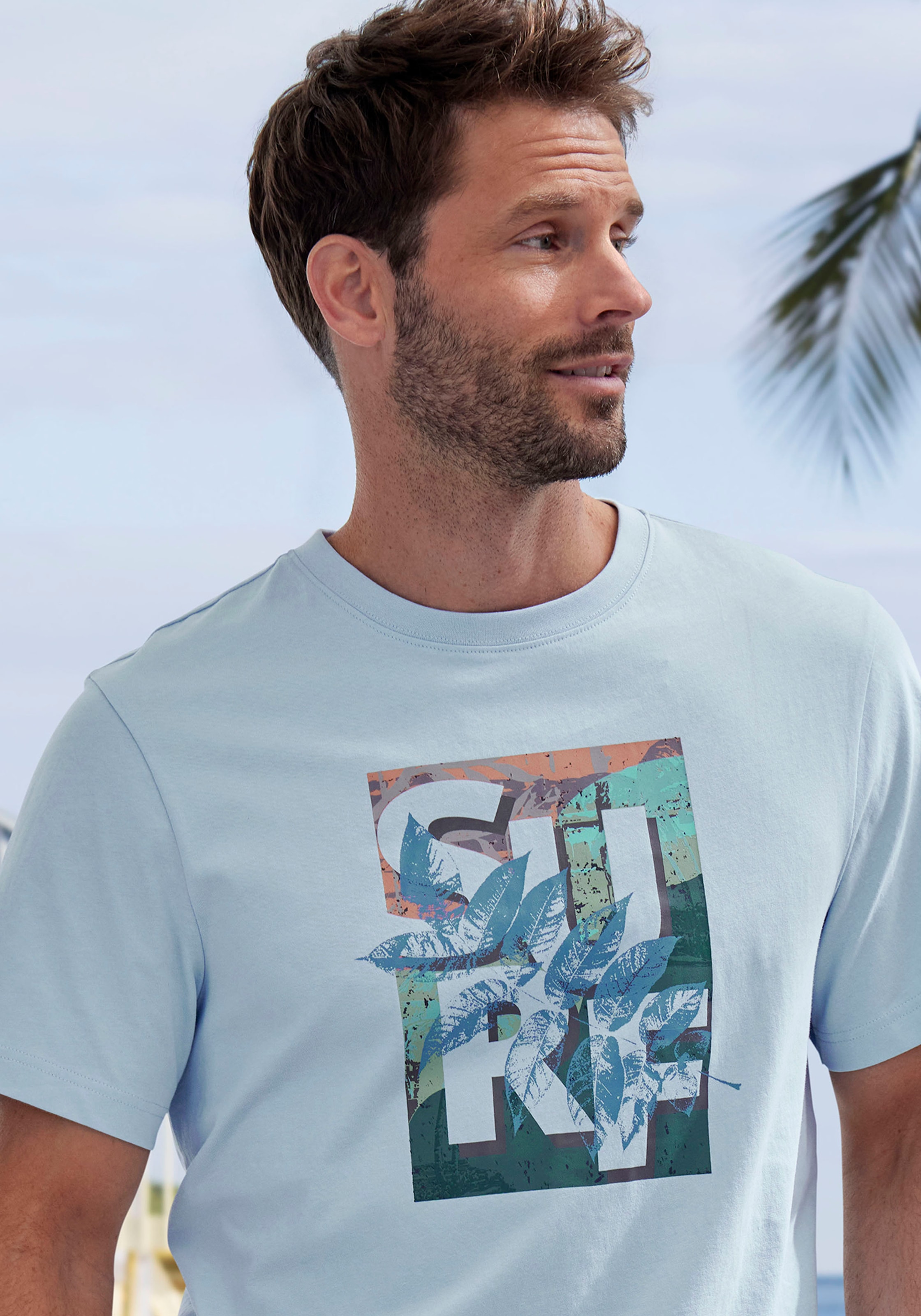 John Devin T-Shirt, Rundhalsshirt mit Surf -Aufdruck aus reiner Baumwolle