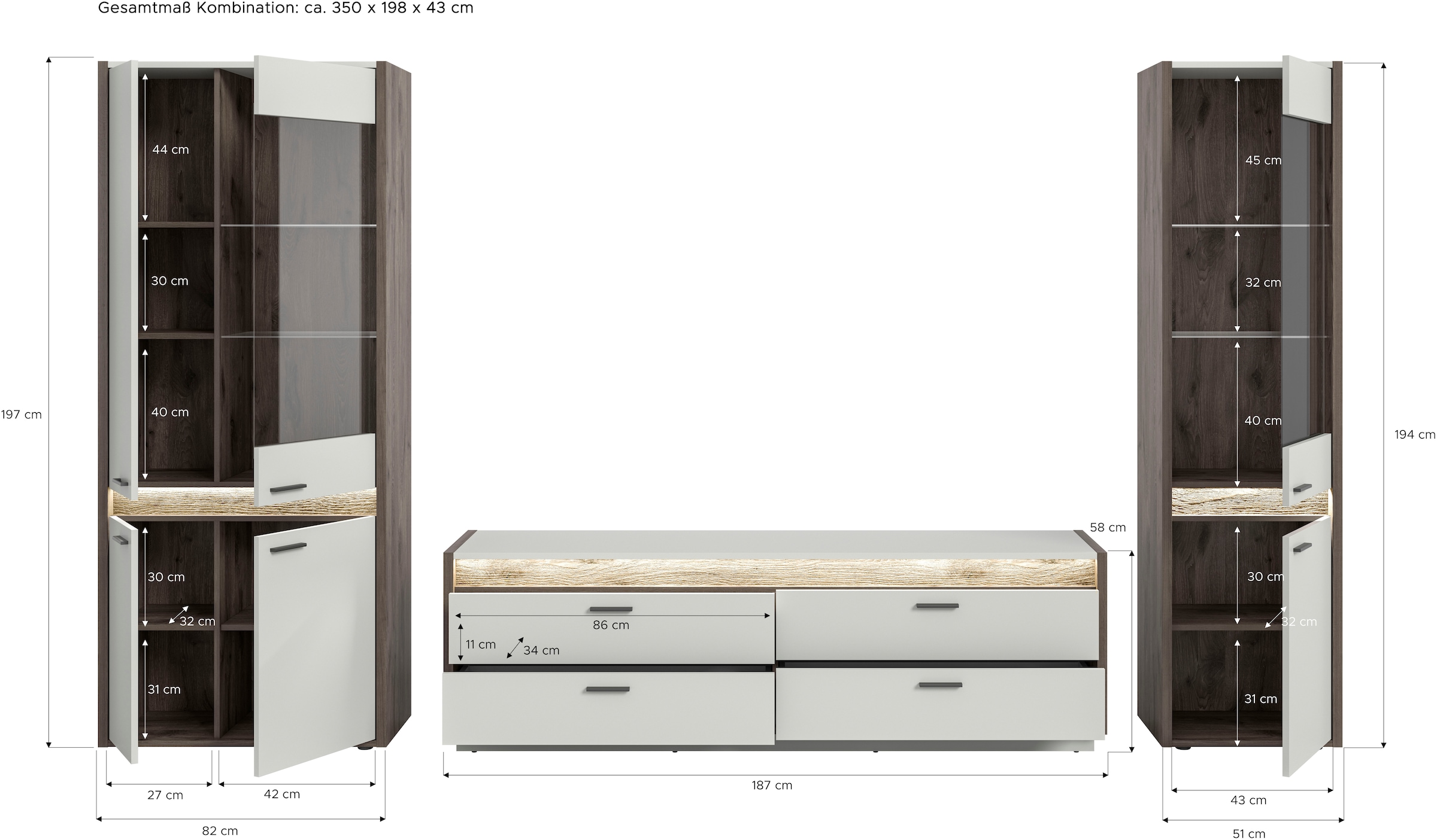 INOSIGN Wohnwand »Treviso, Breite 350 cm, bestehend aus: 2x Vitrine und 1x Lowboard«, (3 St.), Kombination, Wohnkombination, Mediawand, TV-Wand