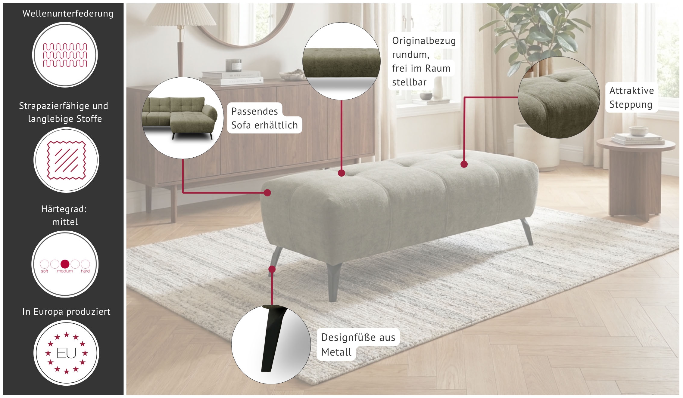 OTTO home Hocker »Viborg 121 x 63 cm, mit Steppungen, elegant, modern« pflegeleichter Bezug, extra hohe Füße - passend für Saugroboter!