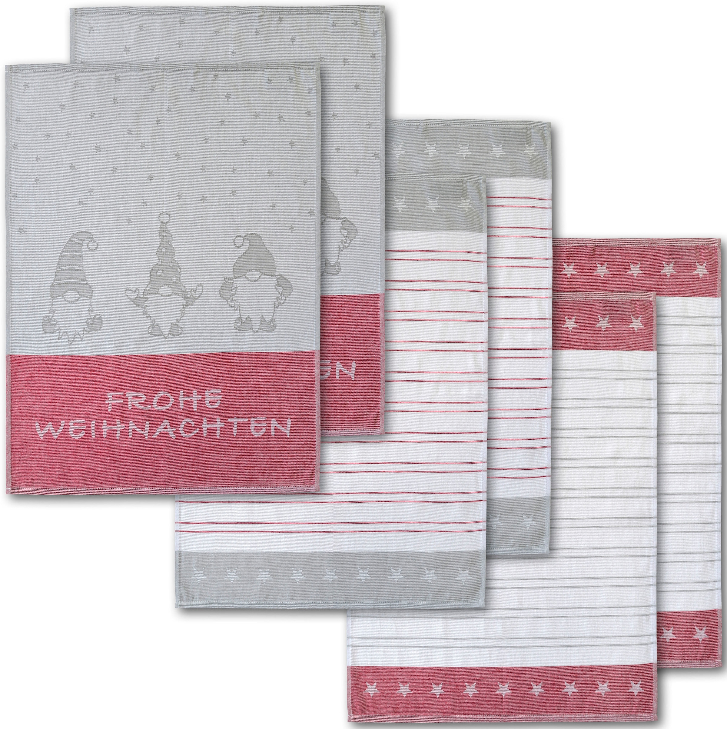 Dyckhoff Geschirrtuch "Wichtel, mit Schriftzug Frohe Weihnachten, Streifen und Sternen" mit 3 verschiedenen Motiven, Maße je Tuch ca. 50x70 cm, 100% Baumwolle