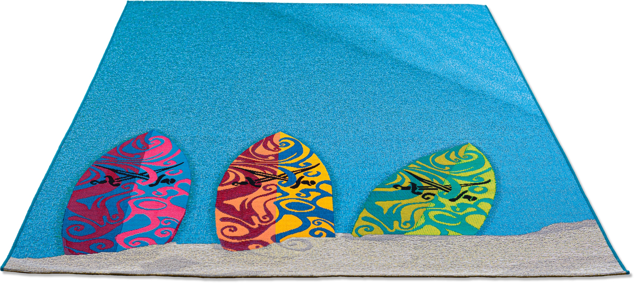 Sansibar Teppich »Rantum Beach SA-018«, rechteckig, 5 mm Höhe, Flachgewebe, modernes Design, Motiv Surfbretter, Outdoor geeignet