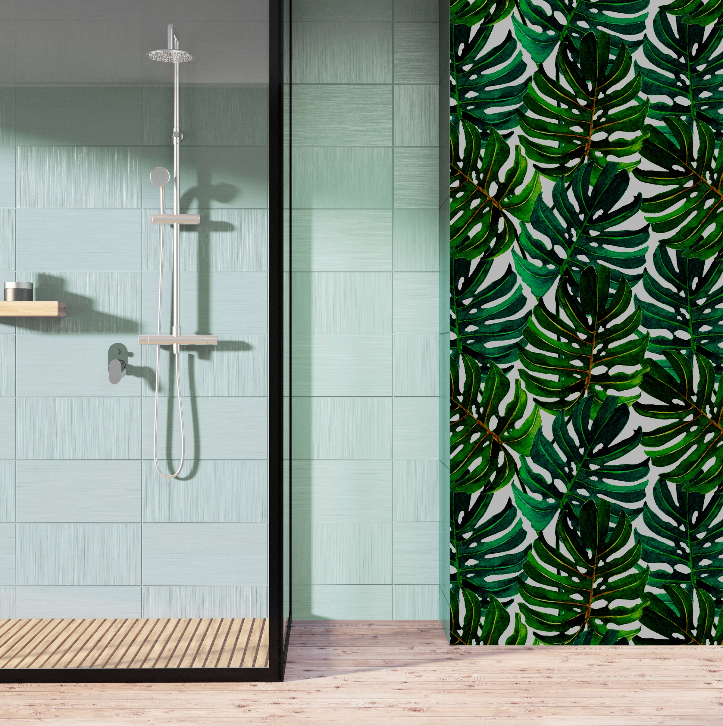 queence Vinyltapete »Tropische Blätter-Grün«, bedruckt-Motiv-botanisch-floral-gemustert-natürlich, 90x250cm, selbstklebend, kinderleichte Anbringung, Sticker