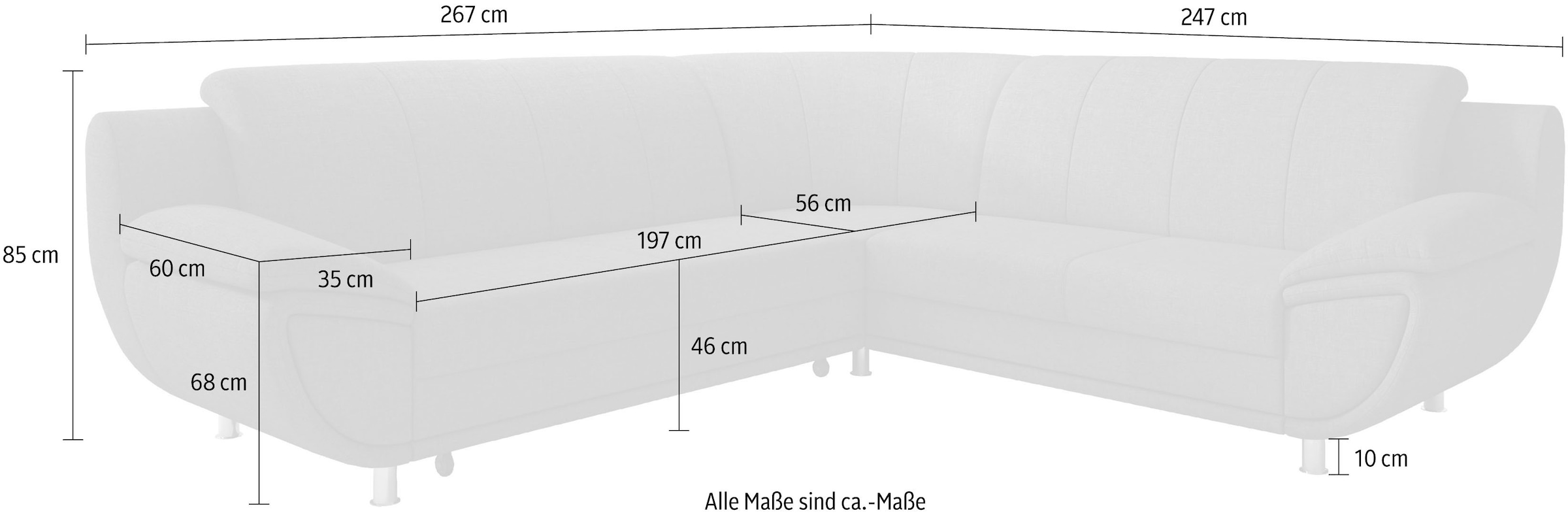 TRENDMANUFAKTUR Ecksofa »Rondo II, zeitlos & elegant, bequeme Armlehnen, L-Form« wahlweise mit Federkern, wahlweise mit Bettfunktion, B/T 267/247cm,