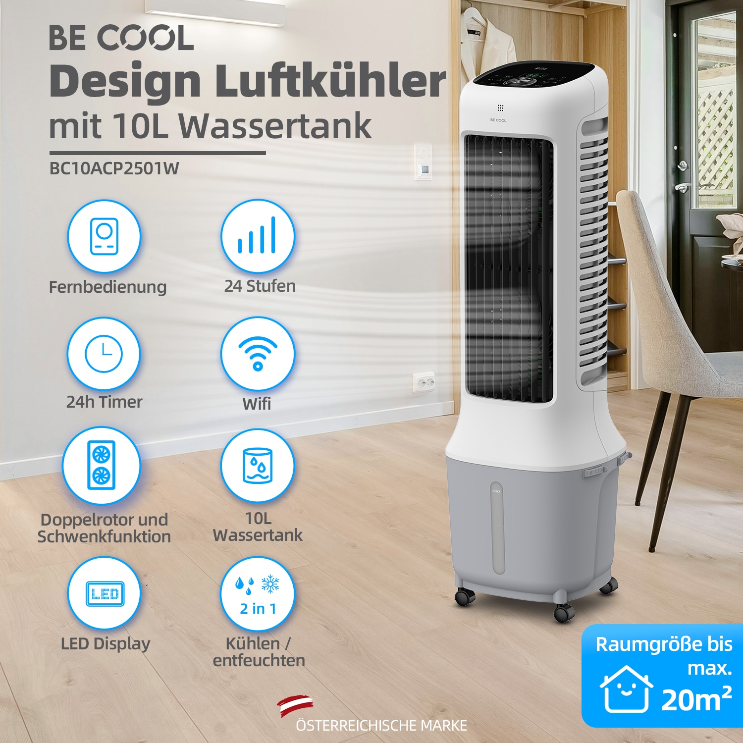 be cool Ventilatorkombigerät »Premium Turmluftkühler mit Wifi und abnehmb. 10l Tank«, 24 Geschwindigkeitsstufen, abnehmbarer Wassertank, WiFi